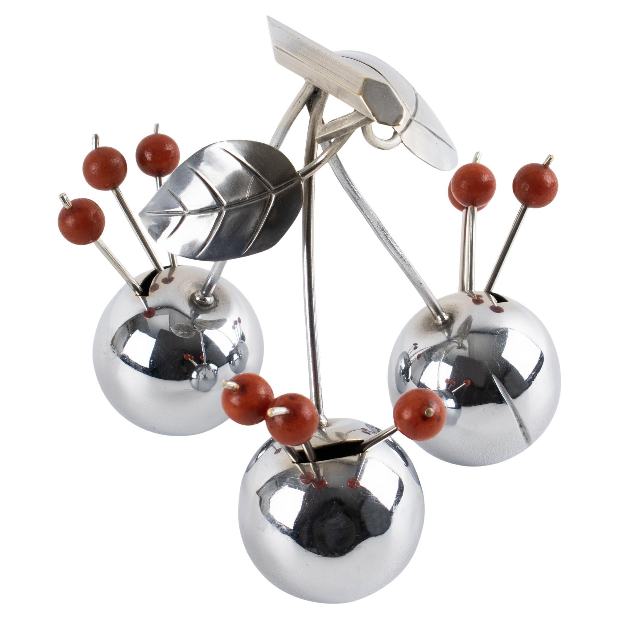 Art Deco Giant Chrome Cherries Barware Cocktail Picks by Gouaille, circa 1930 For Sale