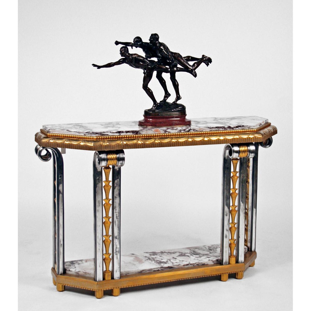 Art Deco gilded and platted bronze console table, designed and executed by Charles Dalmas & Marcell Guillot for a private home in Monaco.
Made in France
circa 1930.