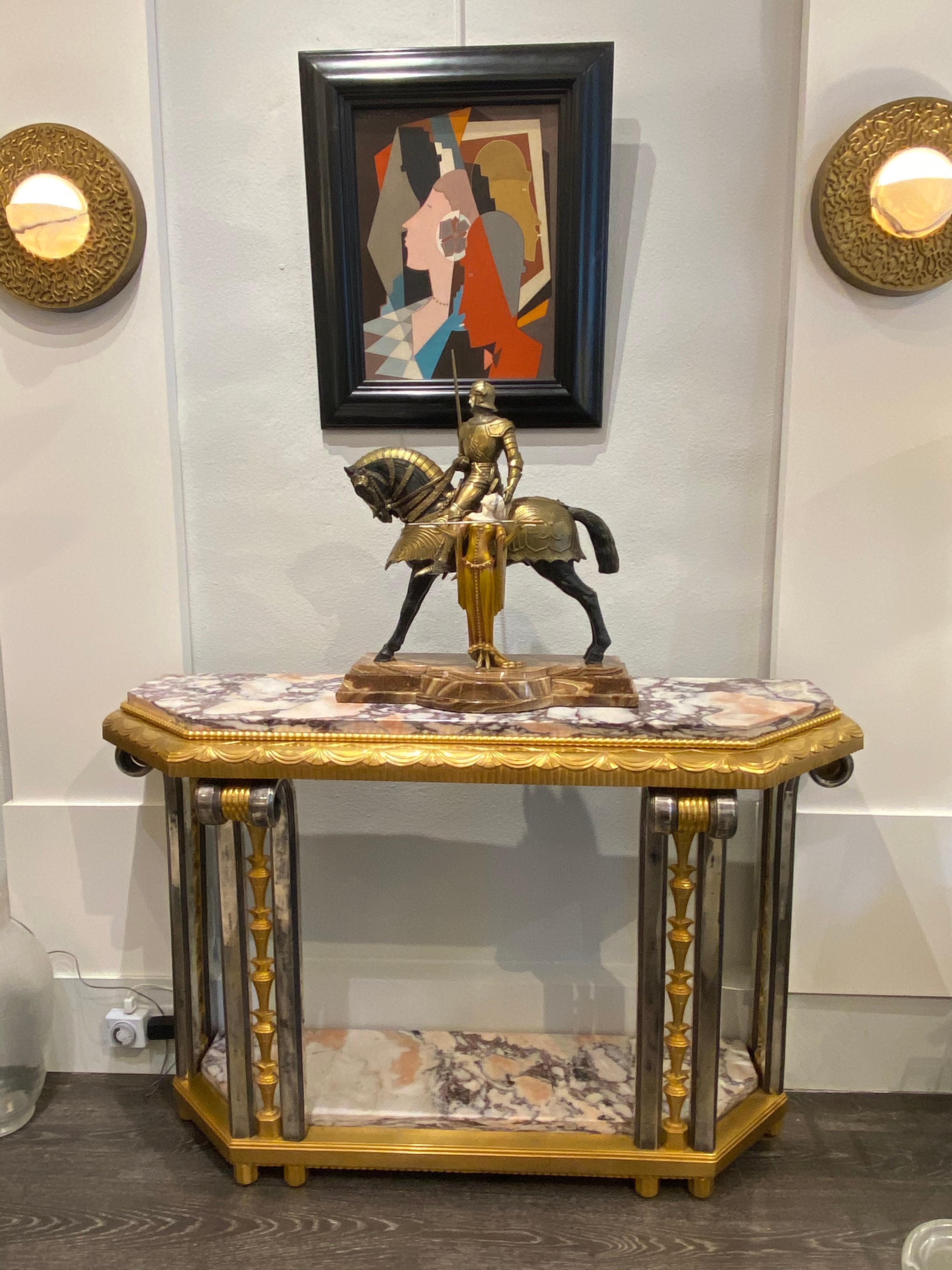 French Art Deco Gilded and Silver Platted Bronze Console Table For Sale