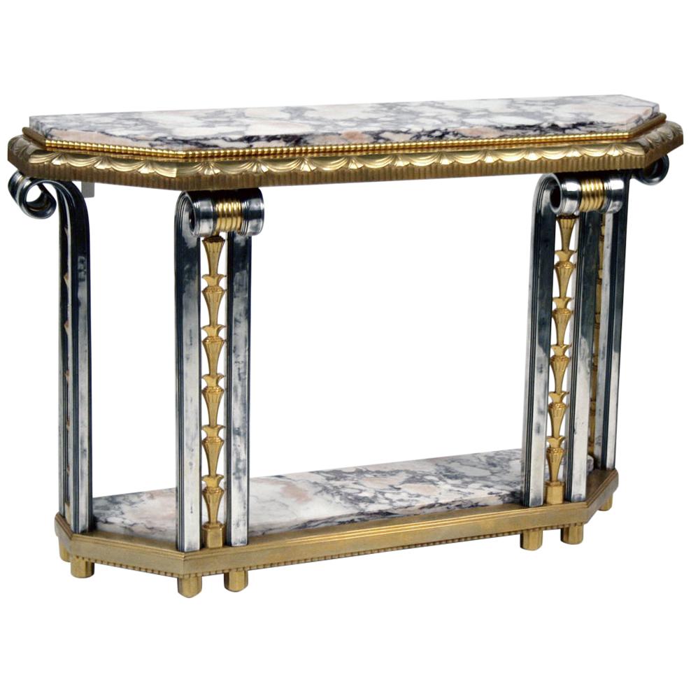 Table console Art Déco en bronze doré et plaqué argent en vente