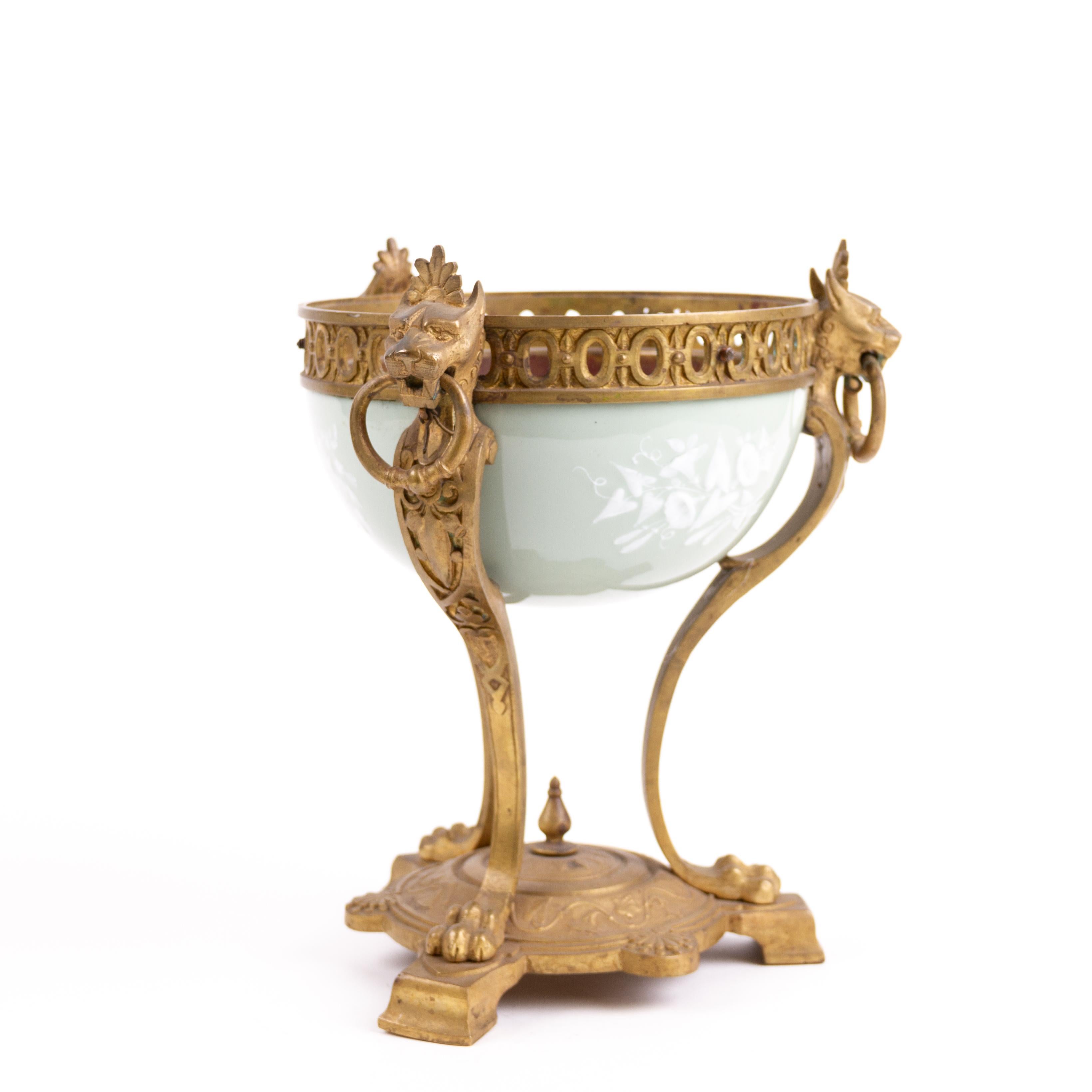 20th Century Art Deco Gilded Bronze Celadon Porcelain Pate-sur-Pate Urn  For Sale