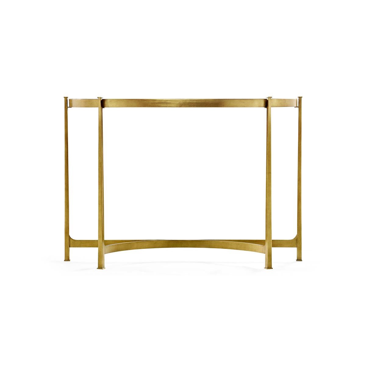 Art Deco Gilded Demi Lune console table. Crafted from wrought iron, it features an antique gilded finish and a stunning églomisé top. With dimensions of 48.25