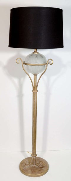 Art Deco Gilded Floor Lamp with Frosted Art Glass Globe, circa 1940