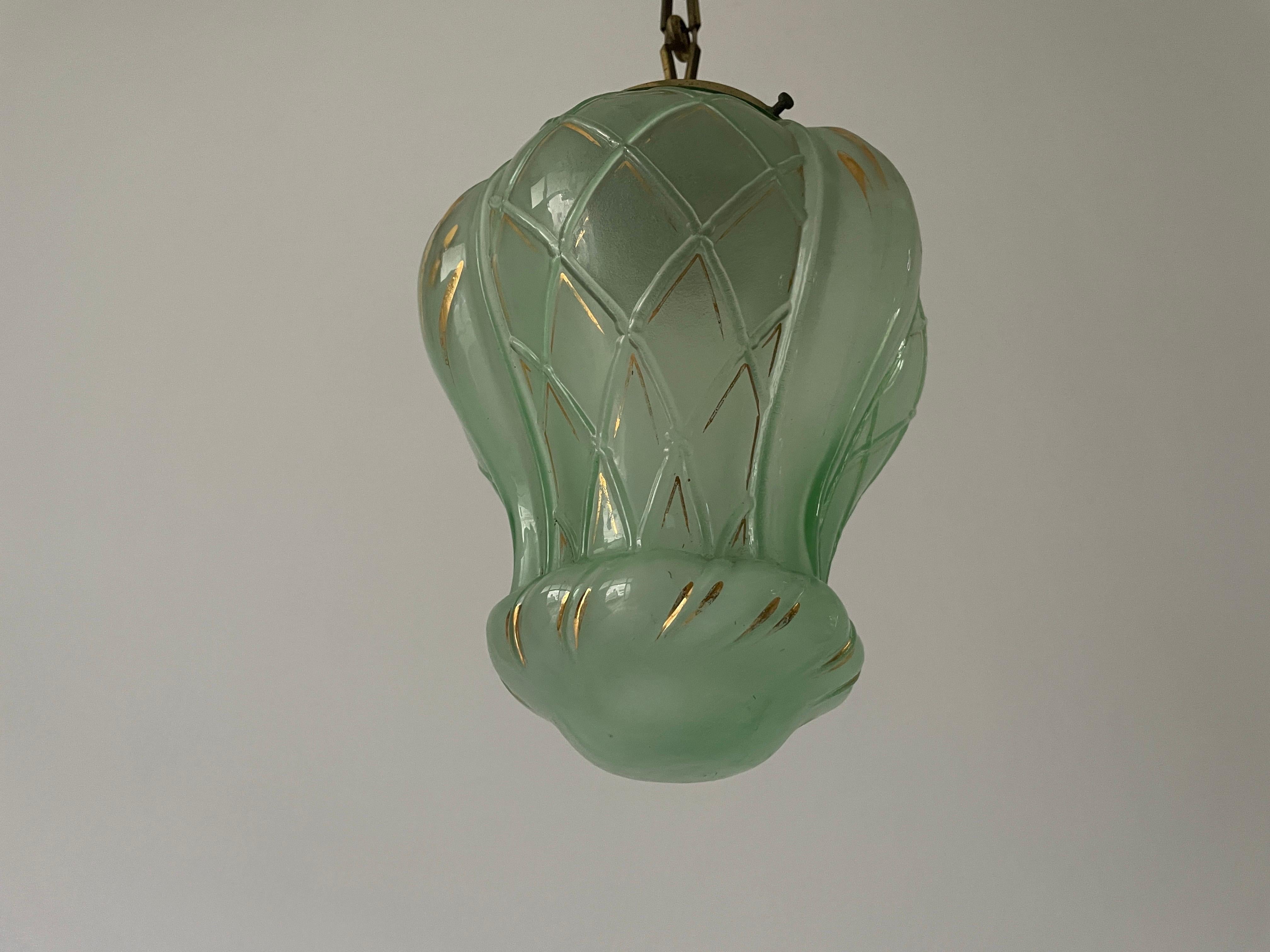 Art Déco Lampada da soffitto in vetro verde dorato Art Deco, anni '40, Francia in vendita