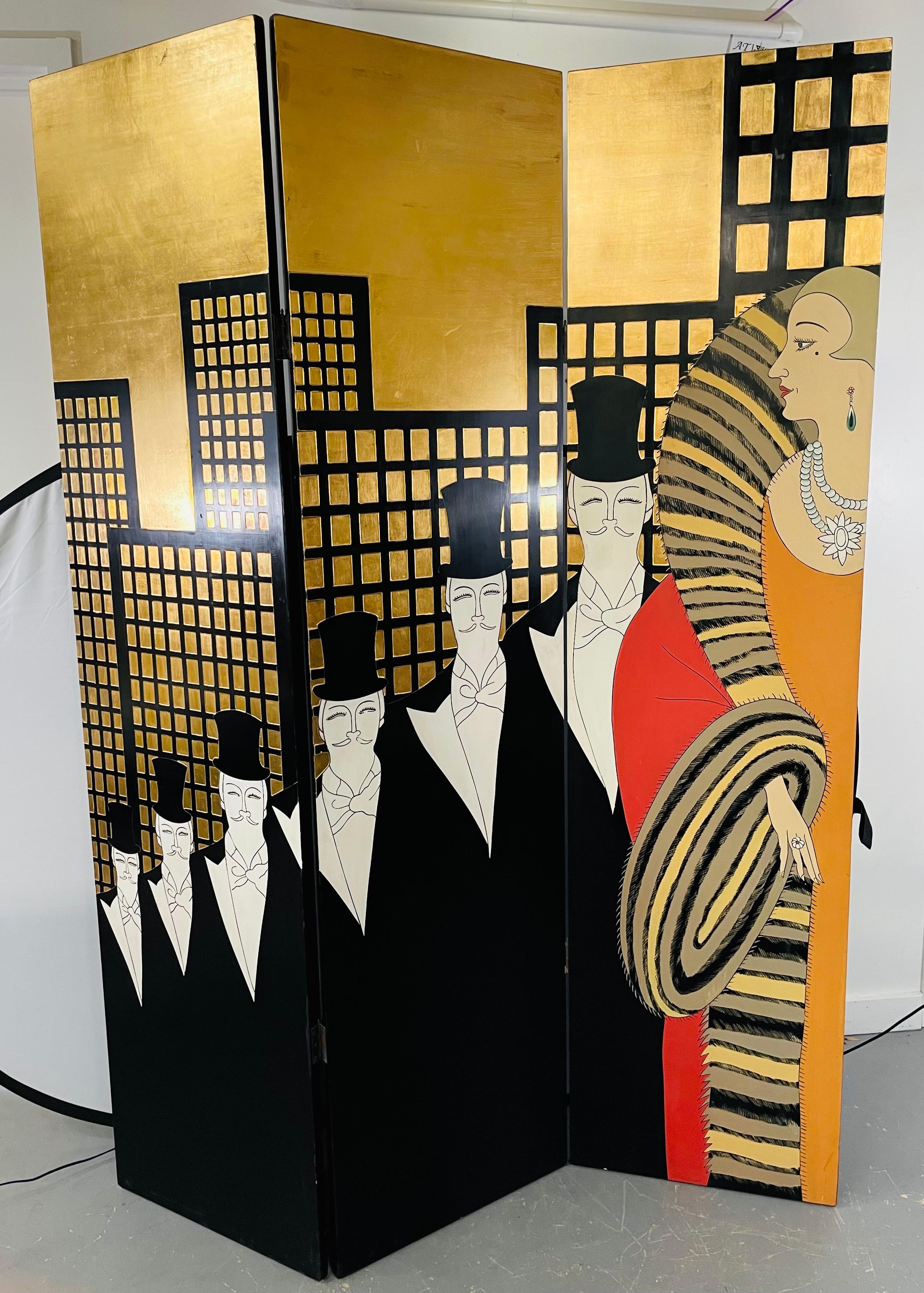A rare Art Deco Erte (Romain de Tirtoff (Erte, Russian/French, 1892-1990) three panel room divider or screen featuring a glamorous design of 6 men and 
and one polychrome painted woman wearing a fur and pearls, dressed up in 1930's costumes with