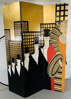 Divisorio o paravento a tre pannelli Art Deco Erte "Top Hat", dorato su legno d'ebano