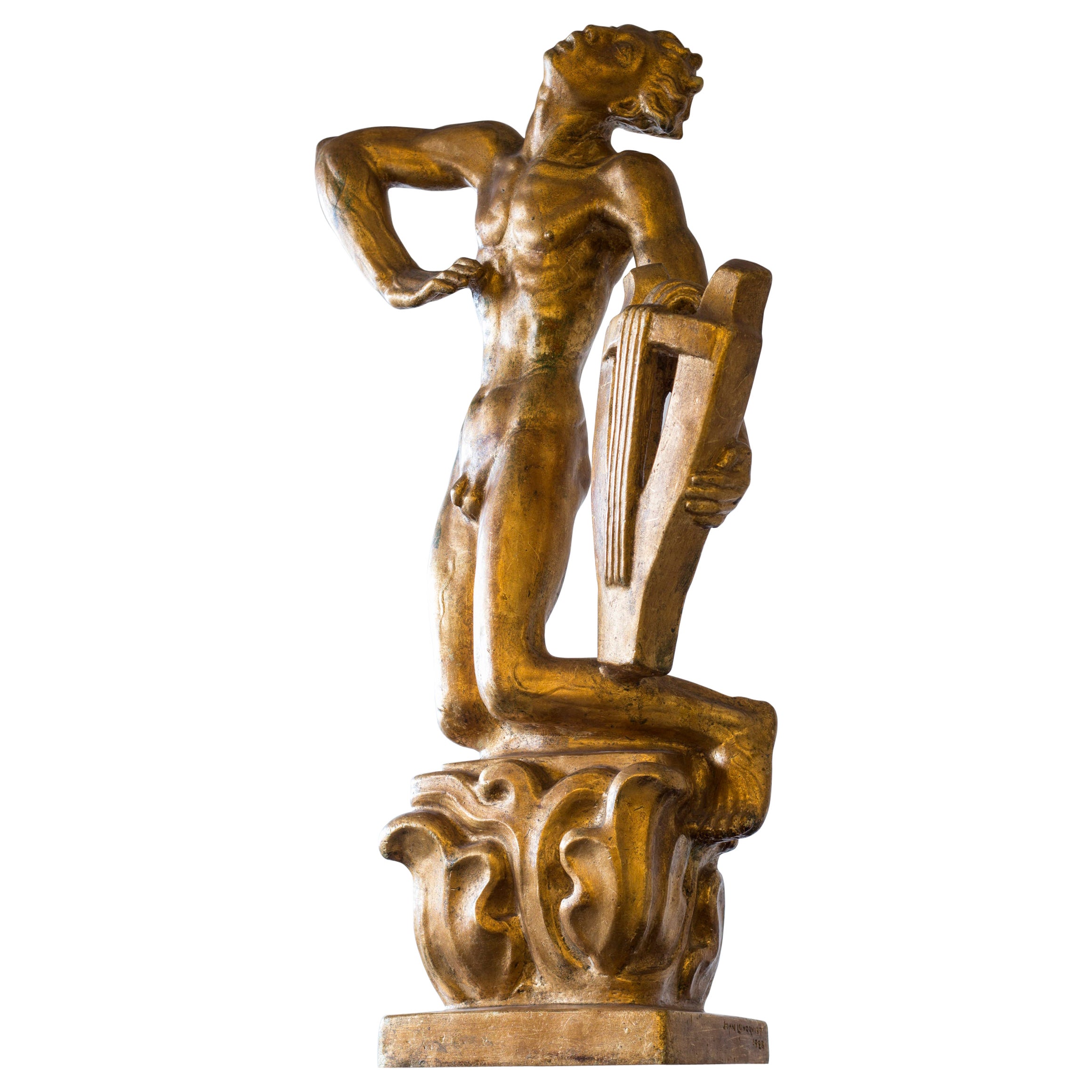 Scultura in gesso dorato Art Deco "Orfeo" di John Lundqvist, Svezia 1928