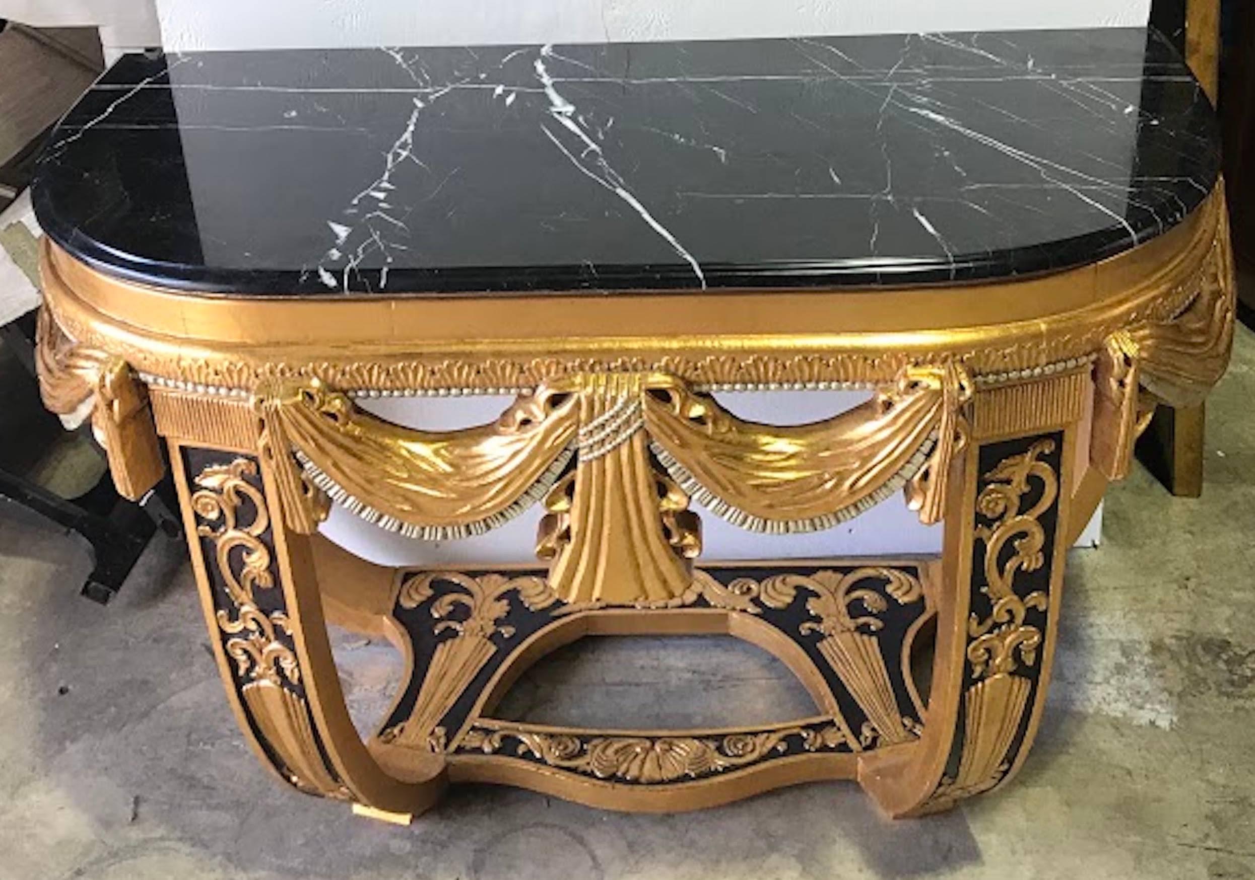 French Art Deco Gilt & Polychromed Marble Top Console in the Style Sue et Mare For Sale