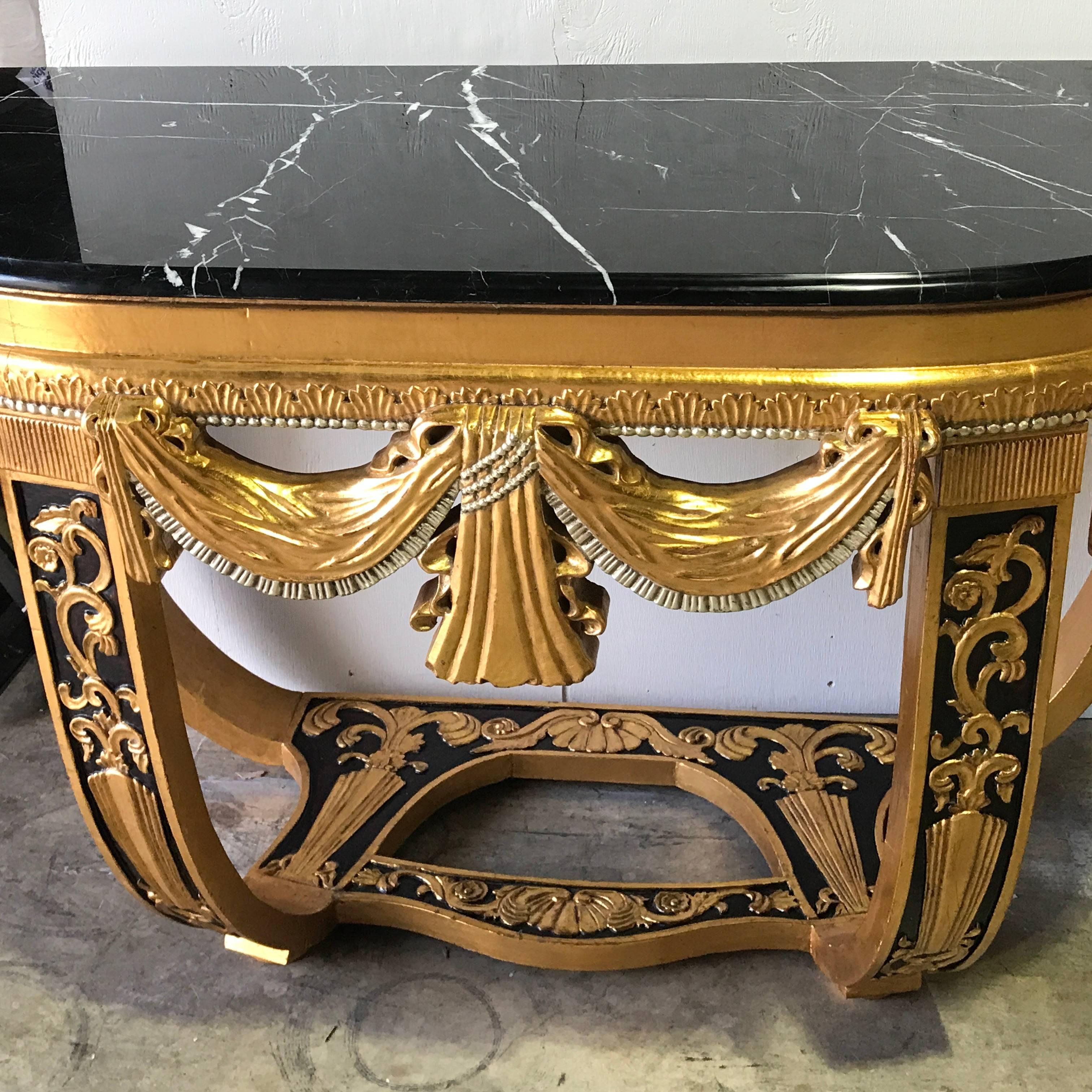 20th Century Art Deco Gilt & Polychromed Marble Top Console in the Style Sue et Mare For Sale