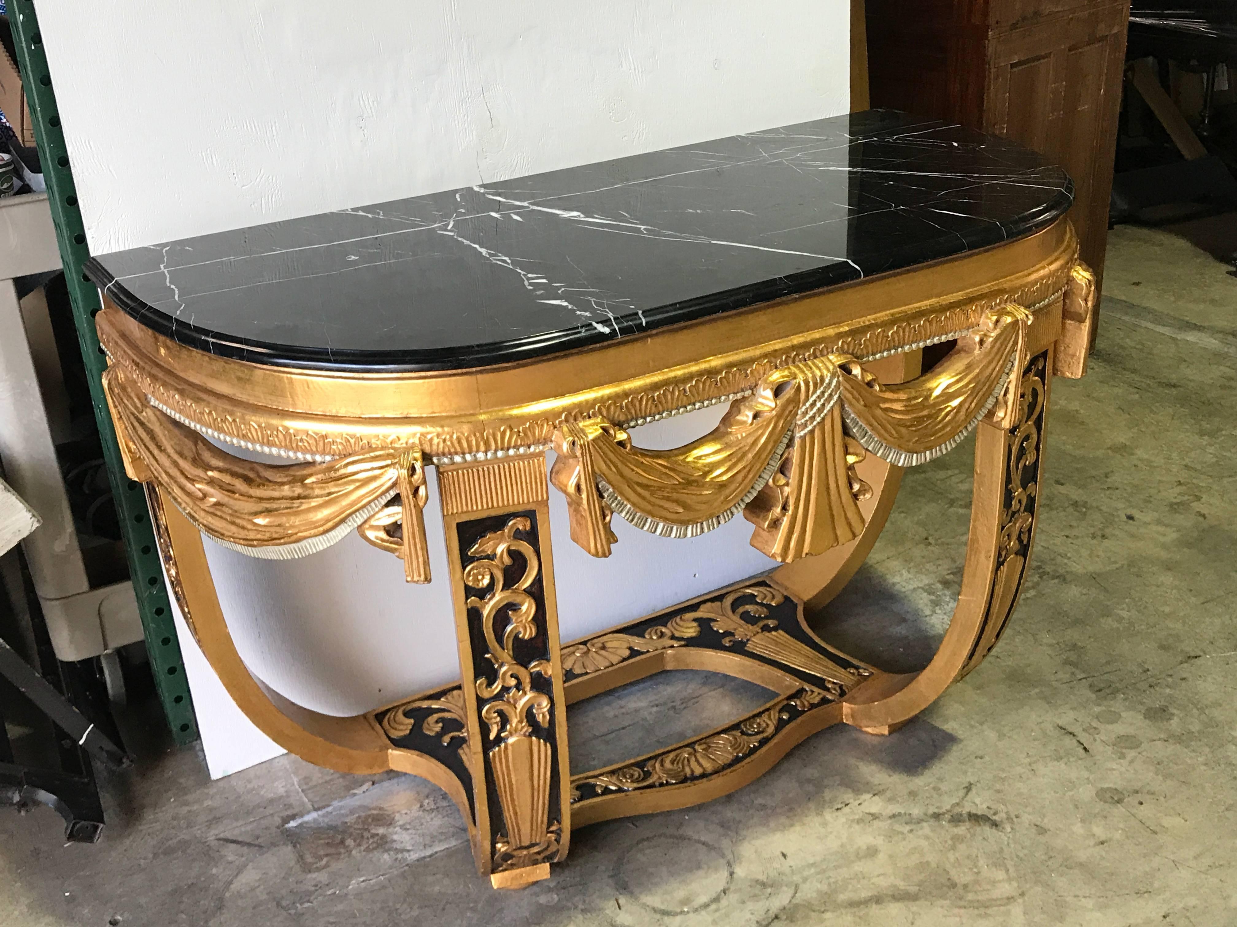 Art Deco Gilt & Polychromed Marble Top Console in the Style Sue et Mare For Sale 1