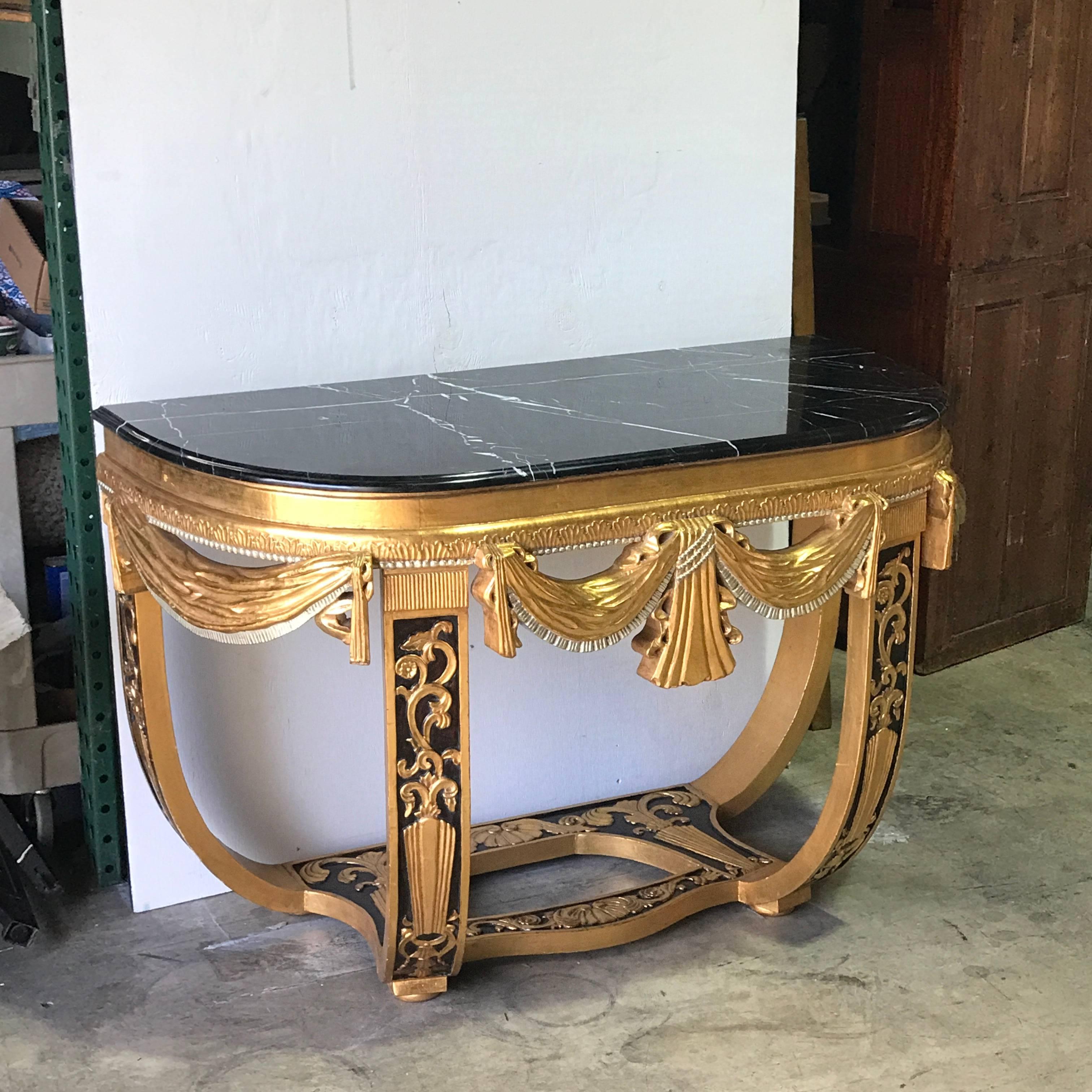 Art Deco Gilt & Polychromed Marble Top Console in the Style Sue et Mare For Sale 3
