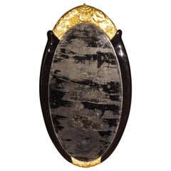 Antique Art Deco Gilt and Black Lacquer Framed Oval Mirror Attributed to Süe et Mare