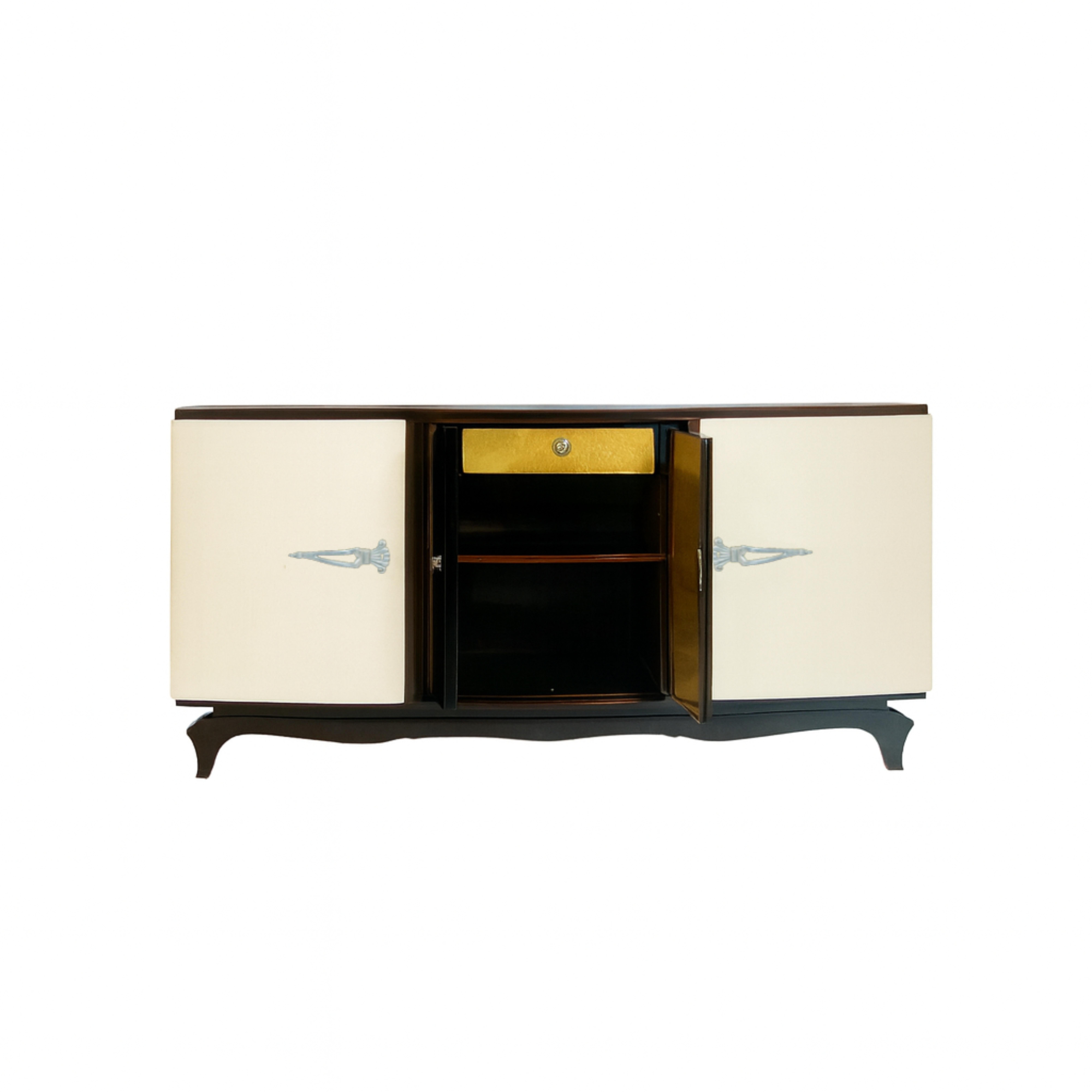 French Art Deco Gilt and Walnut Credenza – Belgian 20th Century Sideboard For Sale