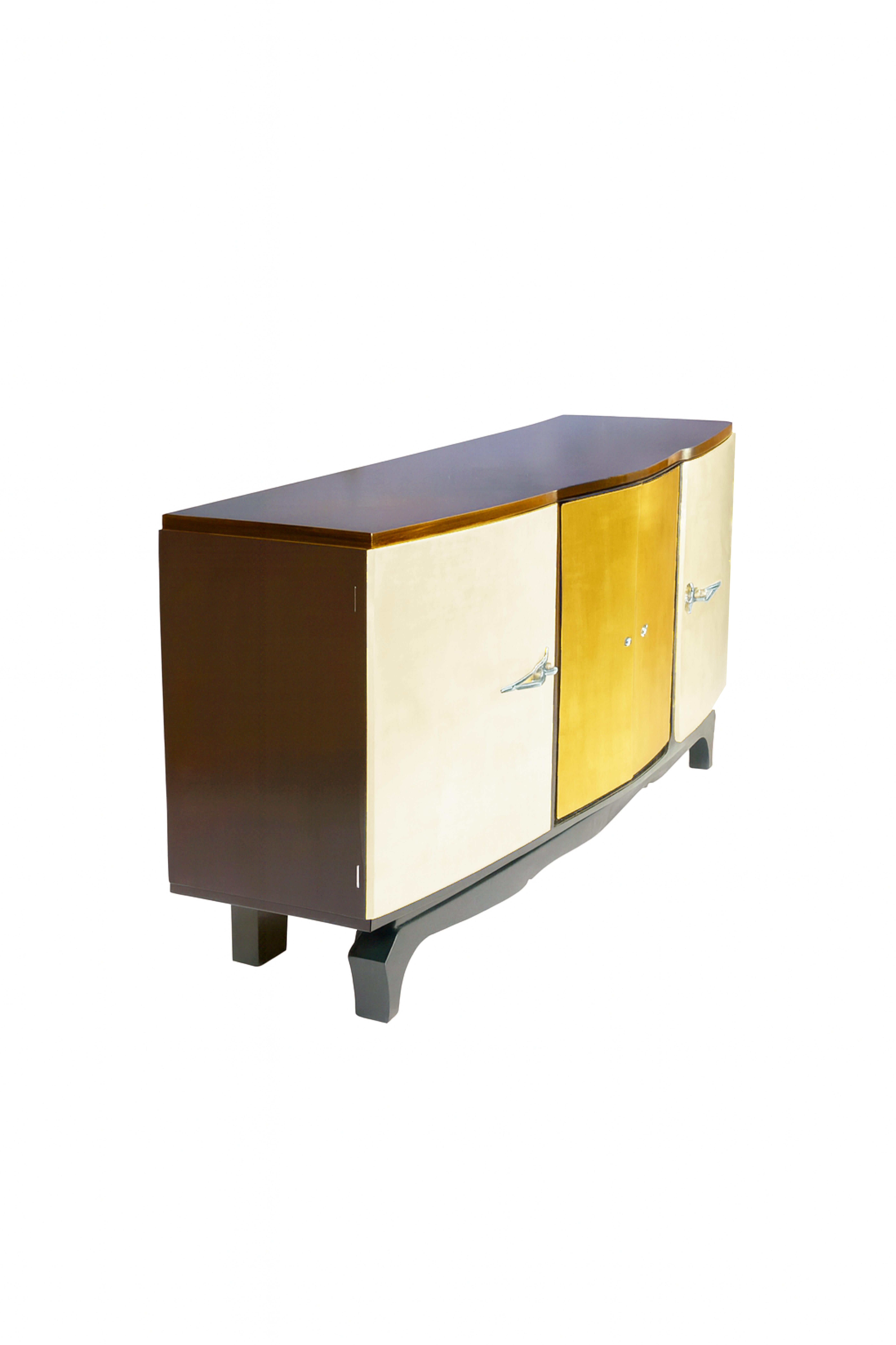 Art Deco Gilt and Walnut Credenza – Belgian 20th Century Sideboard For Sale 3