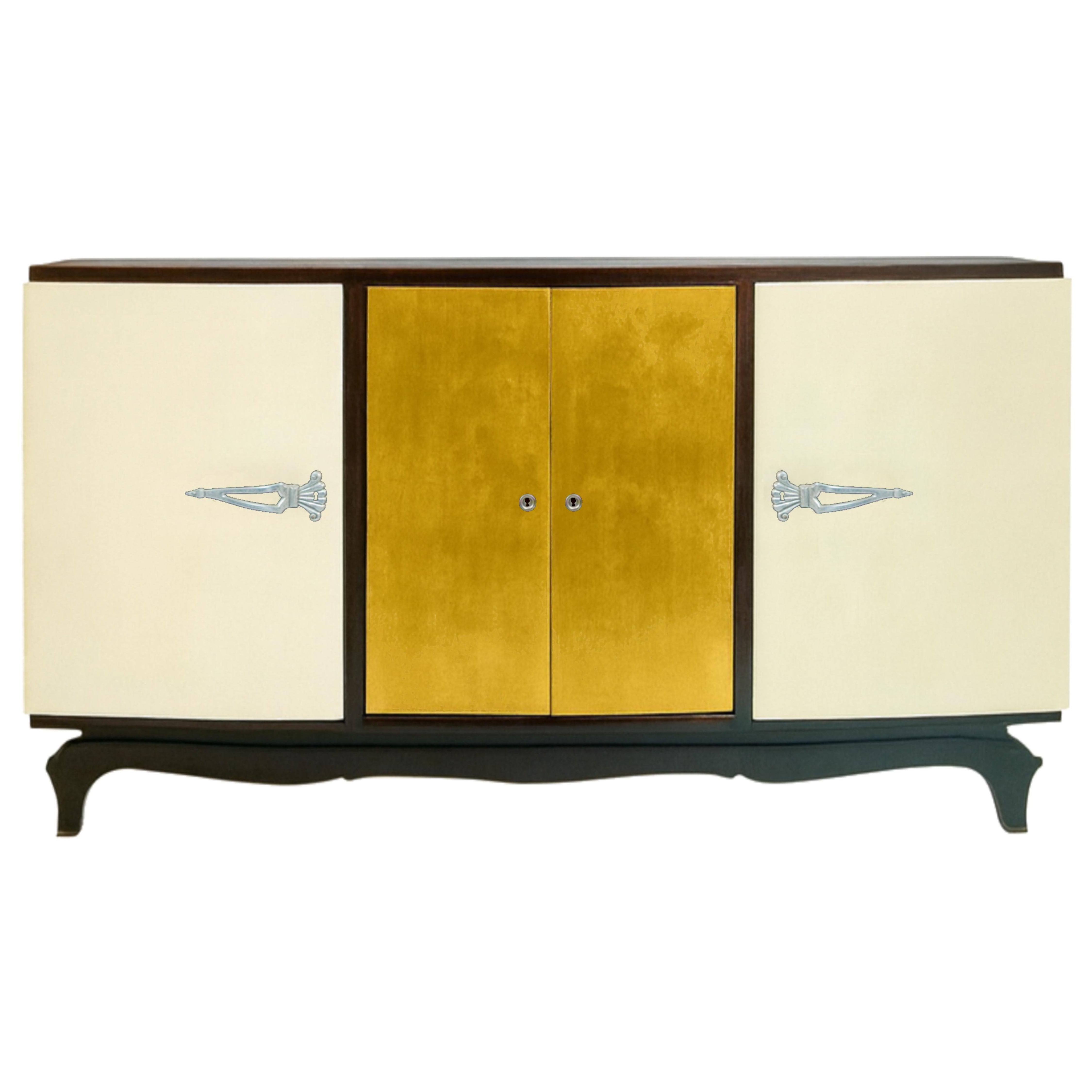 Credenza Art Deco dorata e in noce - Credenza belga del XX secolo