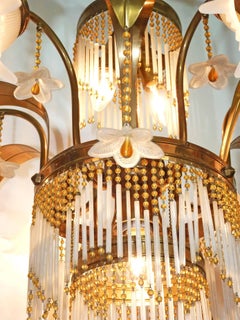 Art Deco Gilt Brass & Beaded Amber Glass/ Palm Tree Hollywood Regency Chandelier