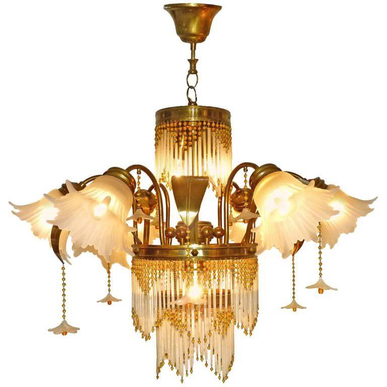Art Deco Gilt Brass And Beaded Amber Glass Palm Tree Hollywood Art Deco Gilt Brass Beaded Amber Glass Palm Tree Hollywood Regency Chandelier For
