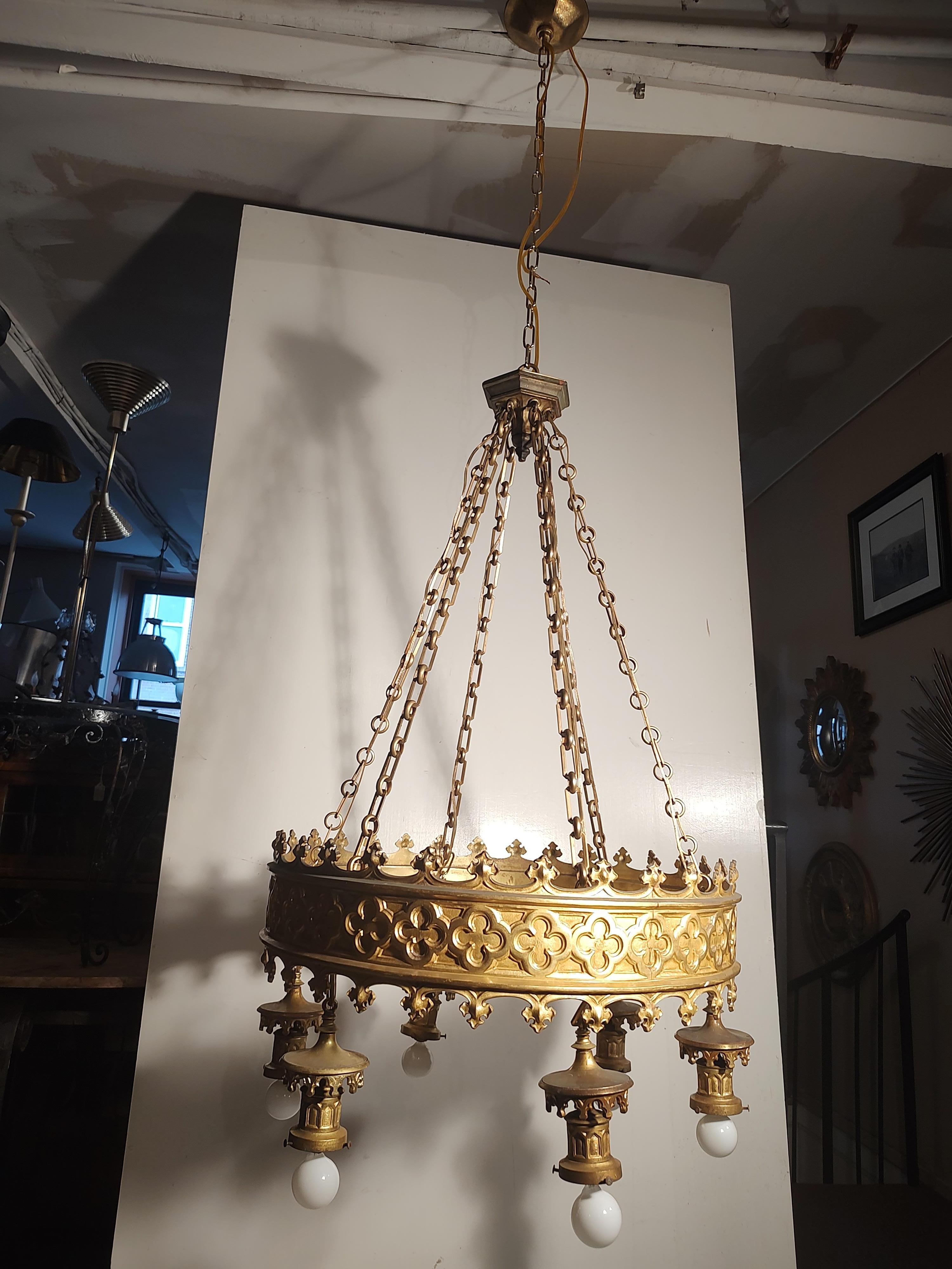 Arts & Crafts Art Deco Gilt Brass 6 Light Large Chandelier from a NJ Theatre  For Sale 8