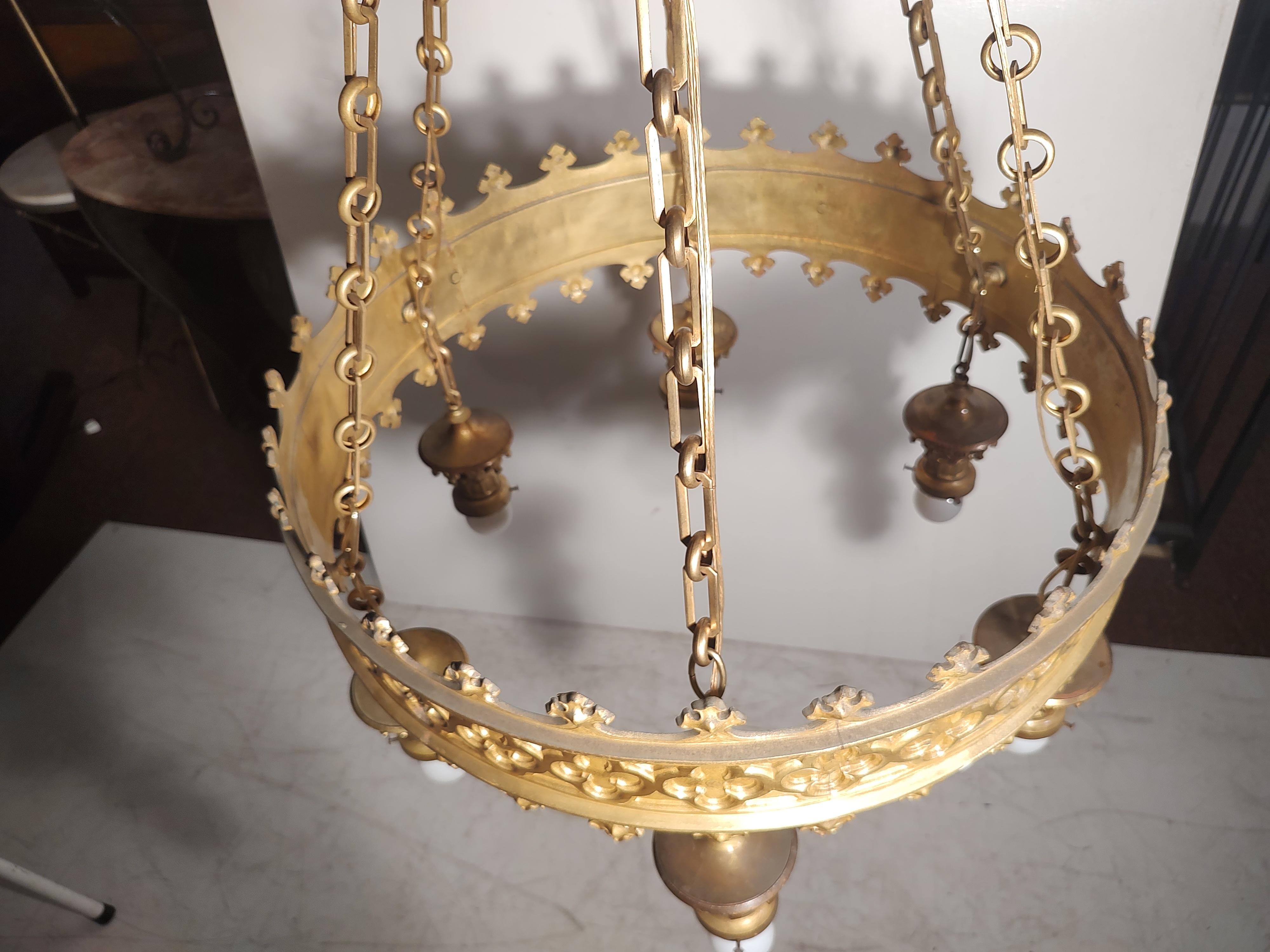 Arts & Crafts Art Deco Gilt Brass 6 Light Large Chandelier from a NJ Theatre  For Sale 10