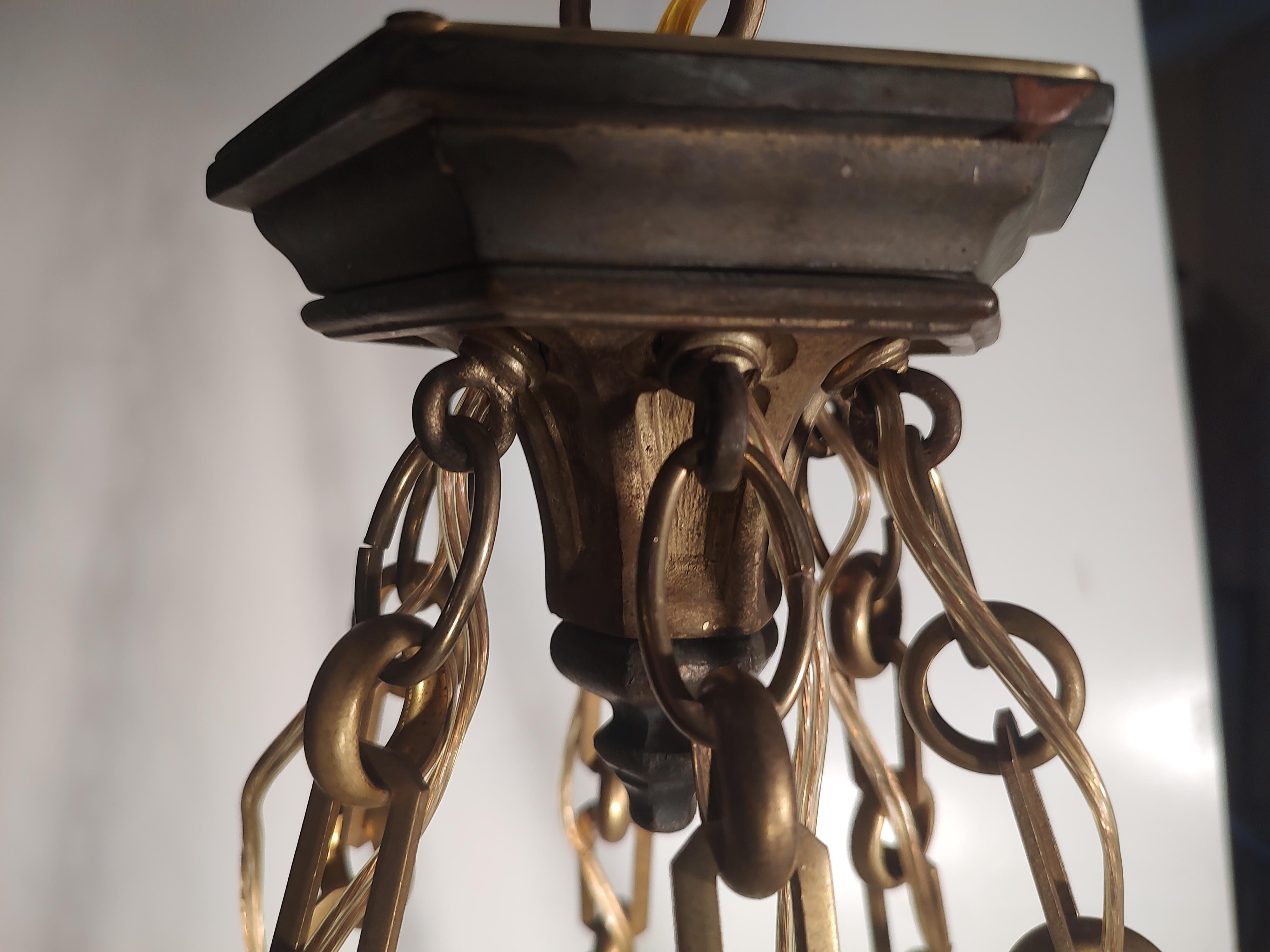 Arts & Crafts Art Deco Gilt Brass 6 Light Large Chandelier from a NJ Theatre  For Sale 11