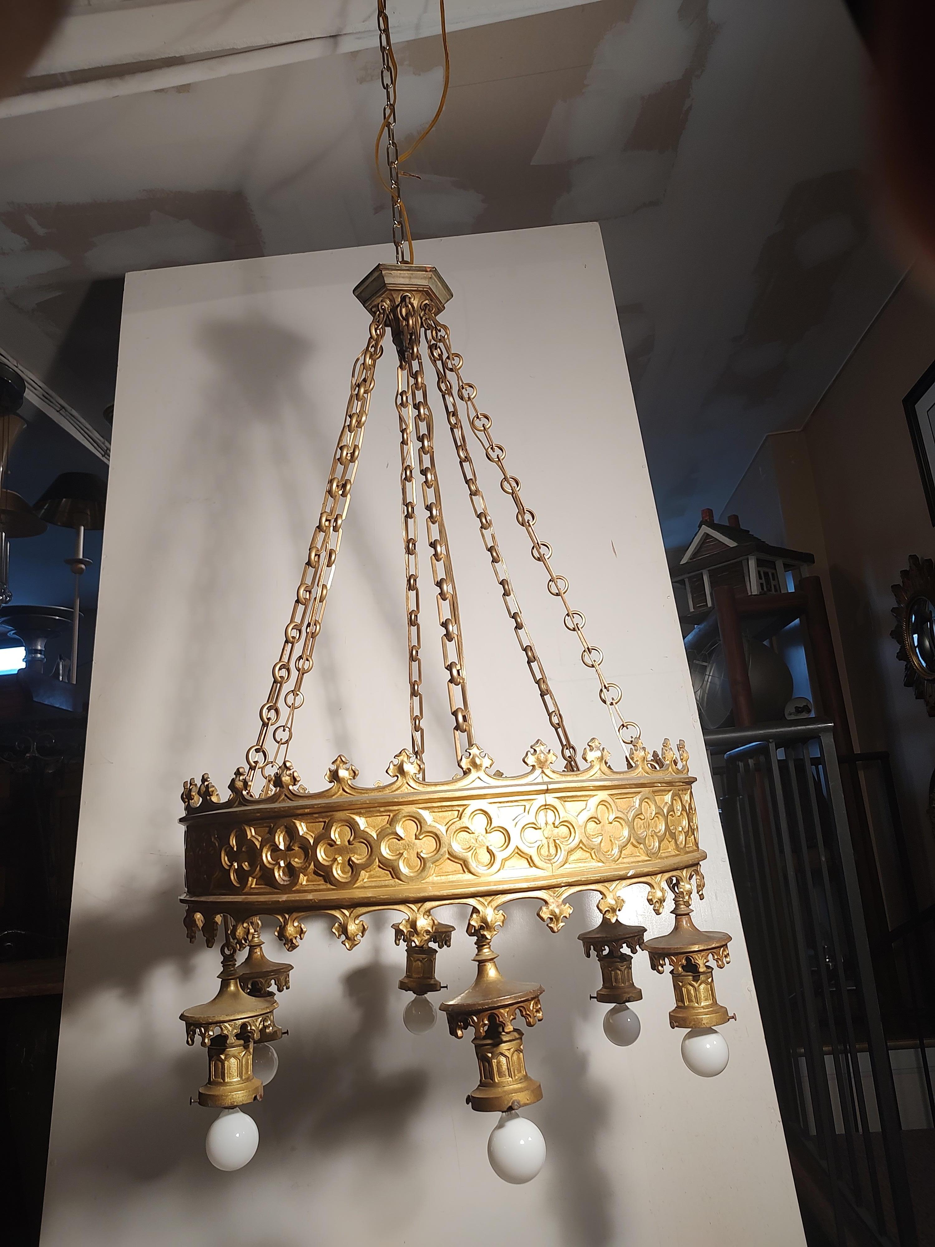 Arts & Crafts Art Deco Gilt Brass 6 Light Large Chandelier from a NJ Theatre  For Sale 13