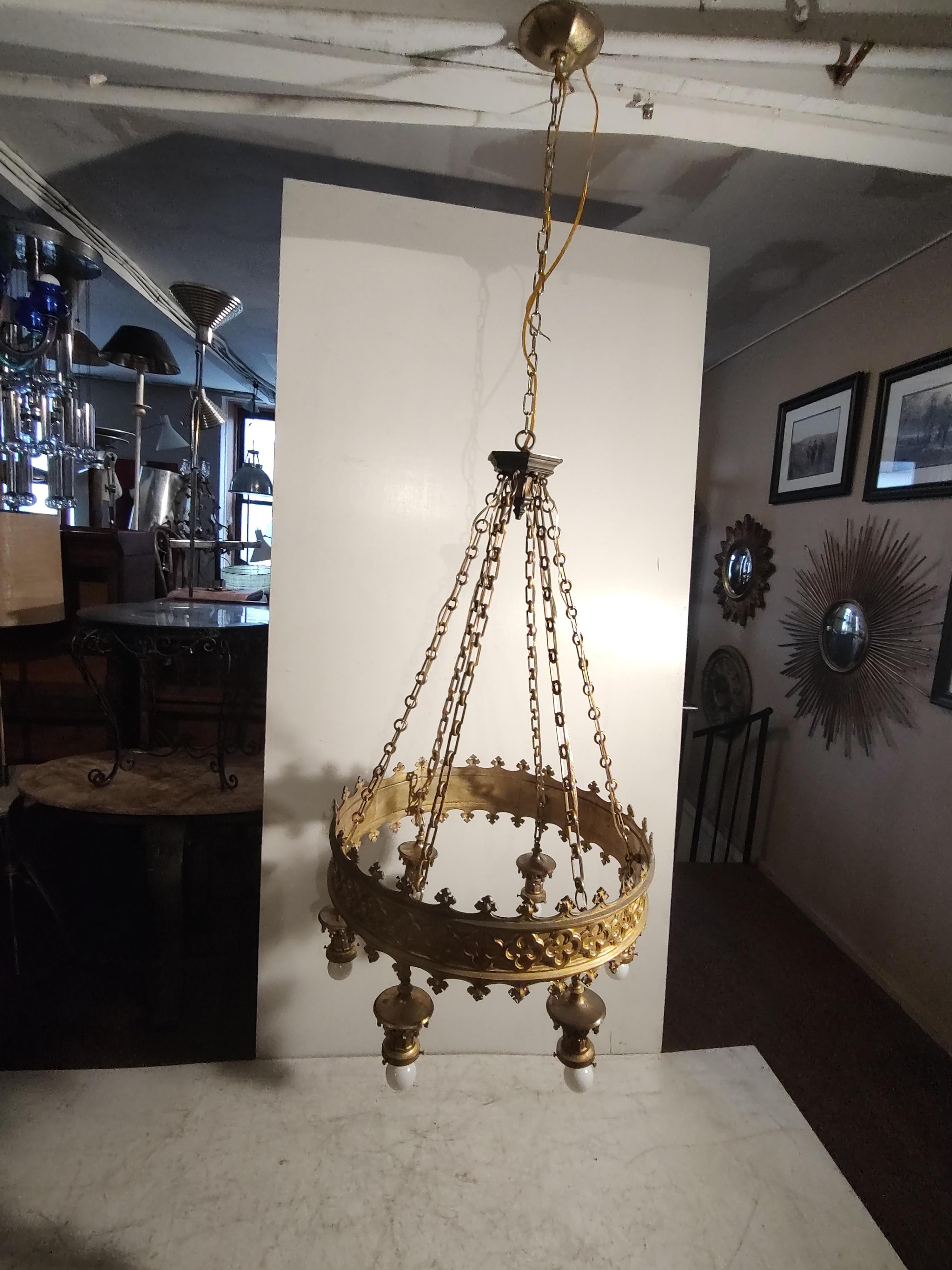 Arts & Crafts Art Deco Gilt Brass 6 Light Large Chandelier from a NJ Theatre  For Sale 3