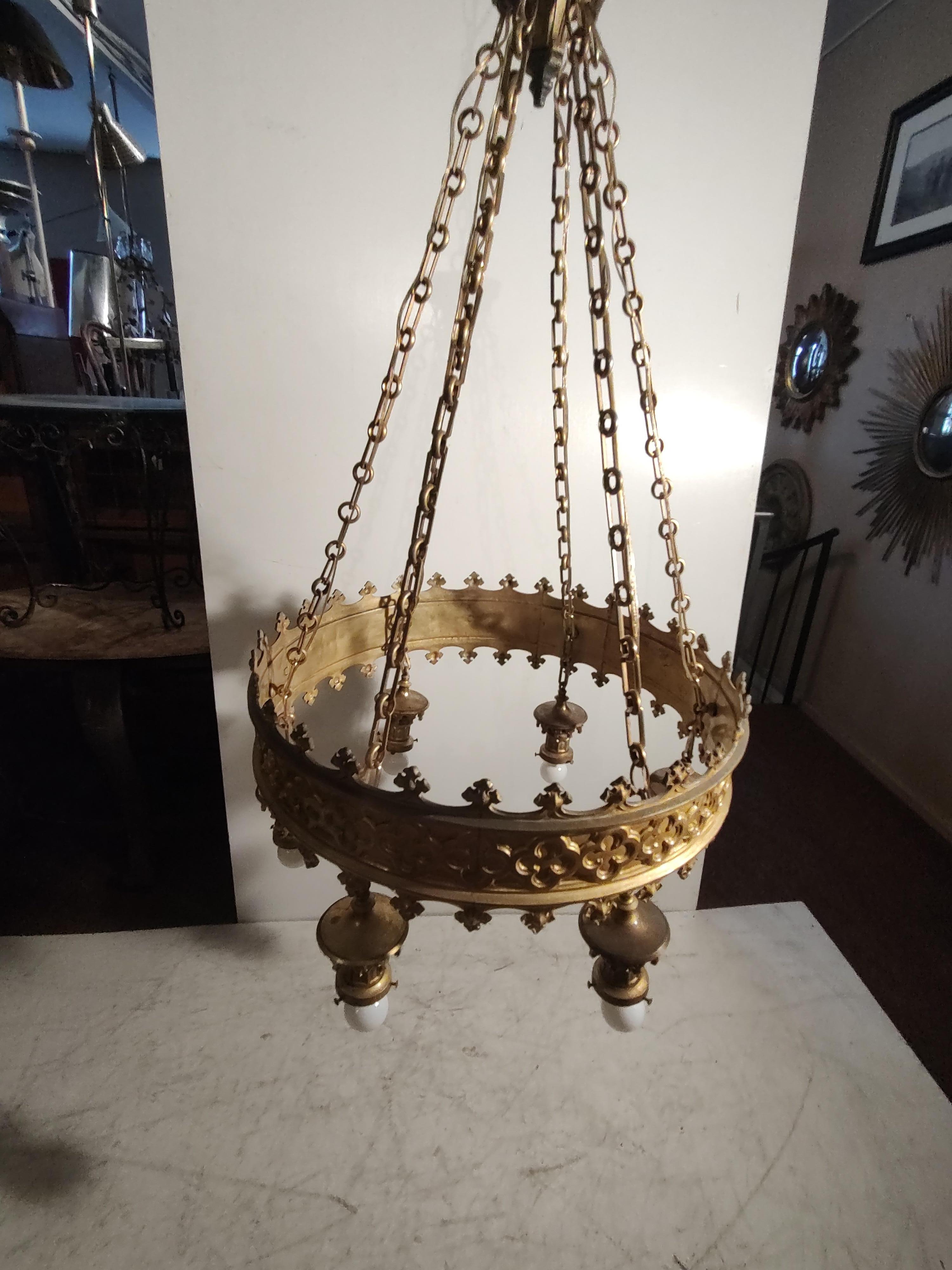 Arts & Crafts Art Deco Gilt Brass 6 Light Large Chandelier from a NJ Theatre  For Sale 4
