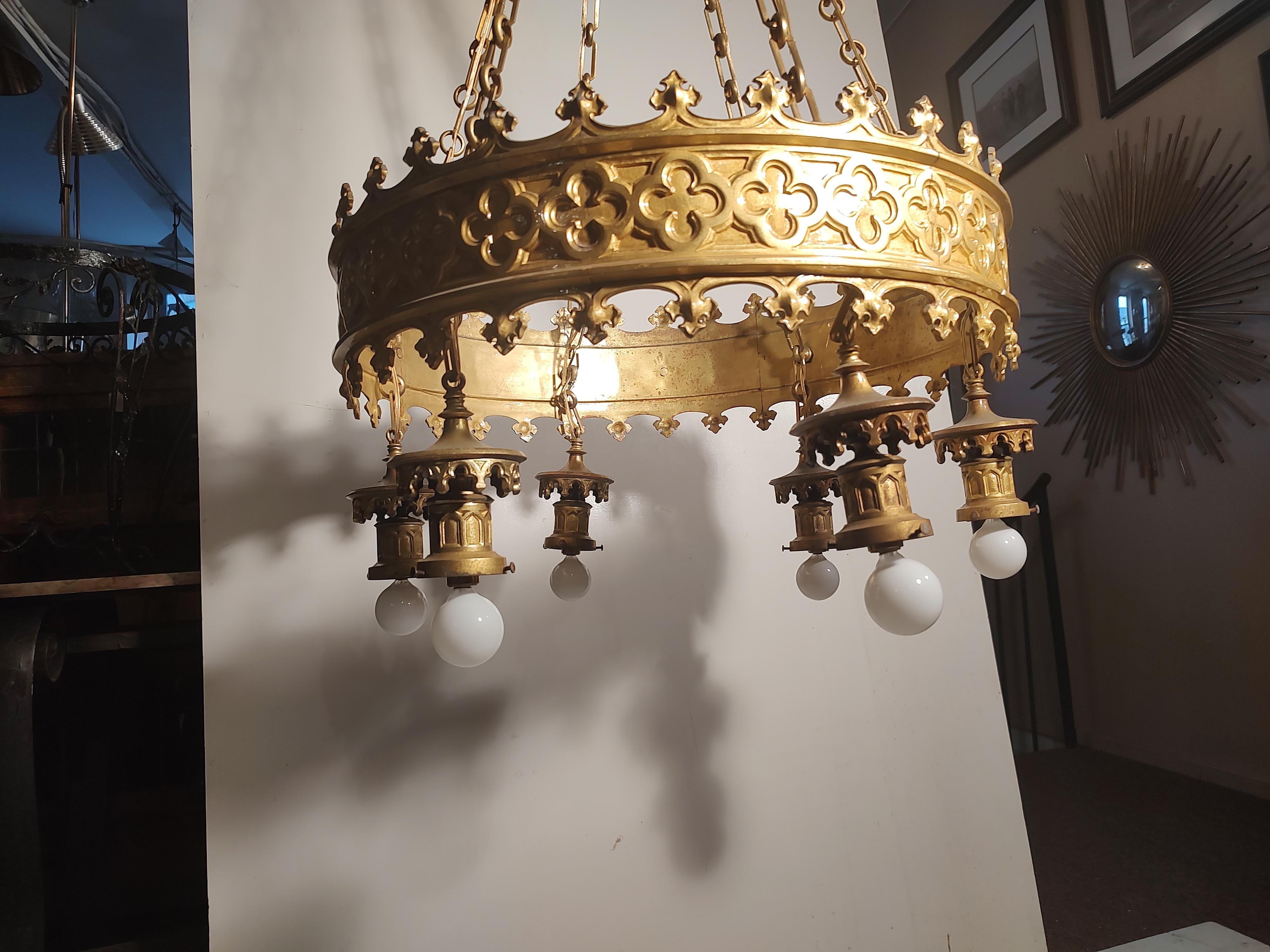 Arts & Crafts Art Deco Gilt Brass 6 Light Large Chandelier from a NJ Theatre  For Sale 6