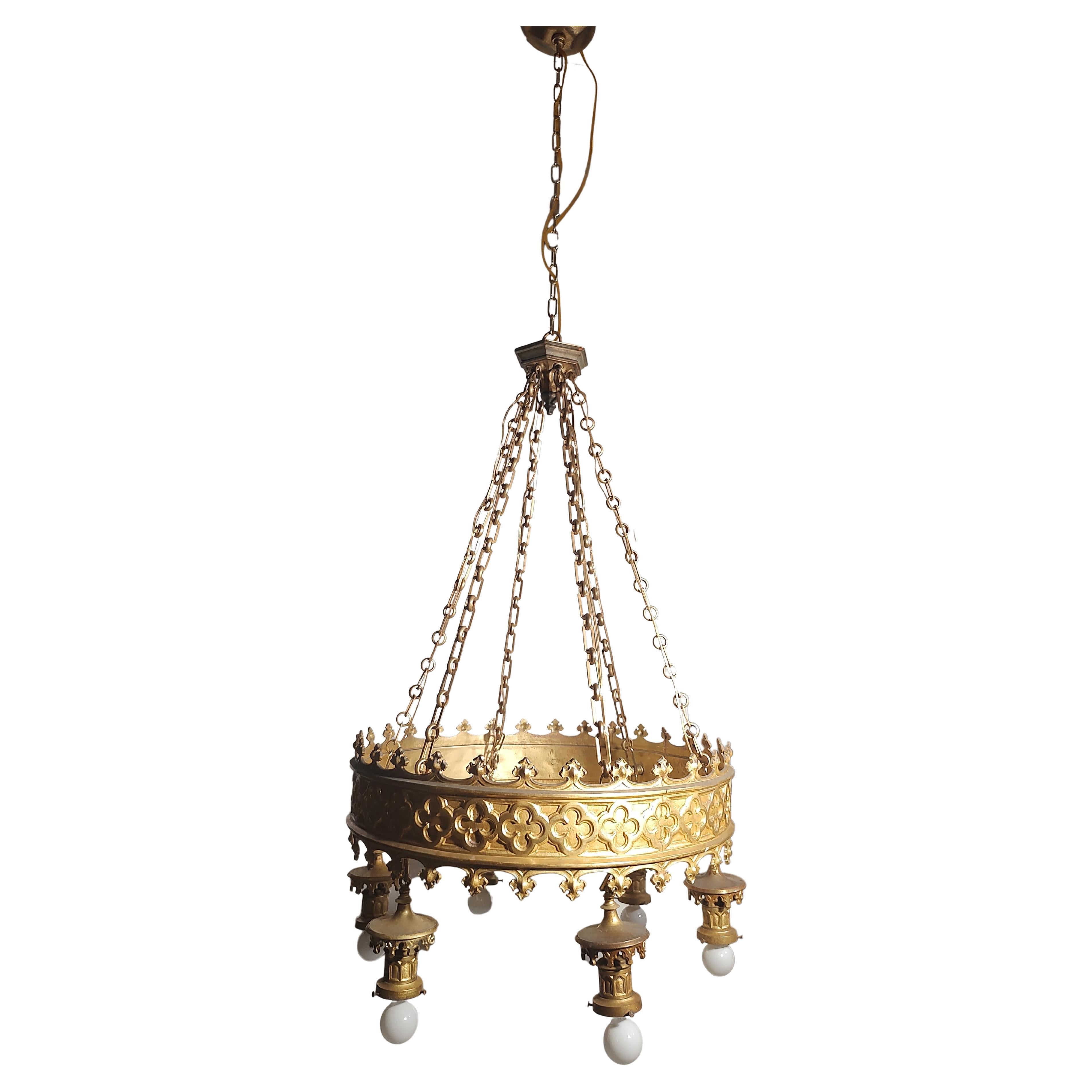 Arts & Crafts Art Deco Gilt Brass 6 Light Large Chandelier from a NJ Theatre  For Sale 2