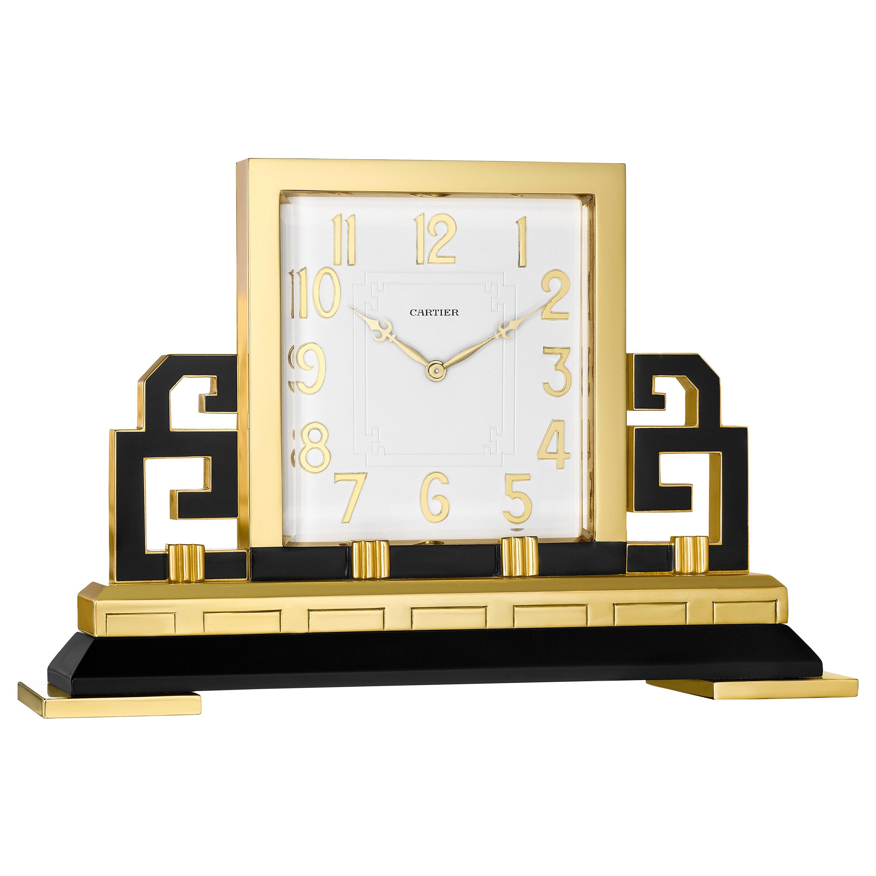 Cartier Paris Art Deco Gilt Brass and Black Enamel Chinoiserie Clock, circa 1925