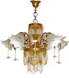 Art Deco Gilt Brass & Beaded Amber Glass Palm Tree Hollywood Regency Chandelier