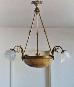 Art Deco Gilt Bronze Alabaster Six-Light Chandelier