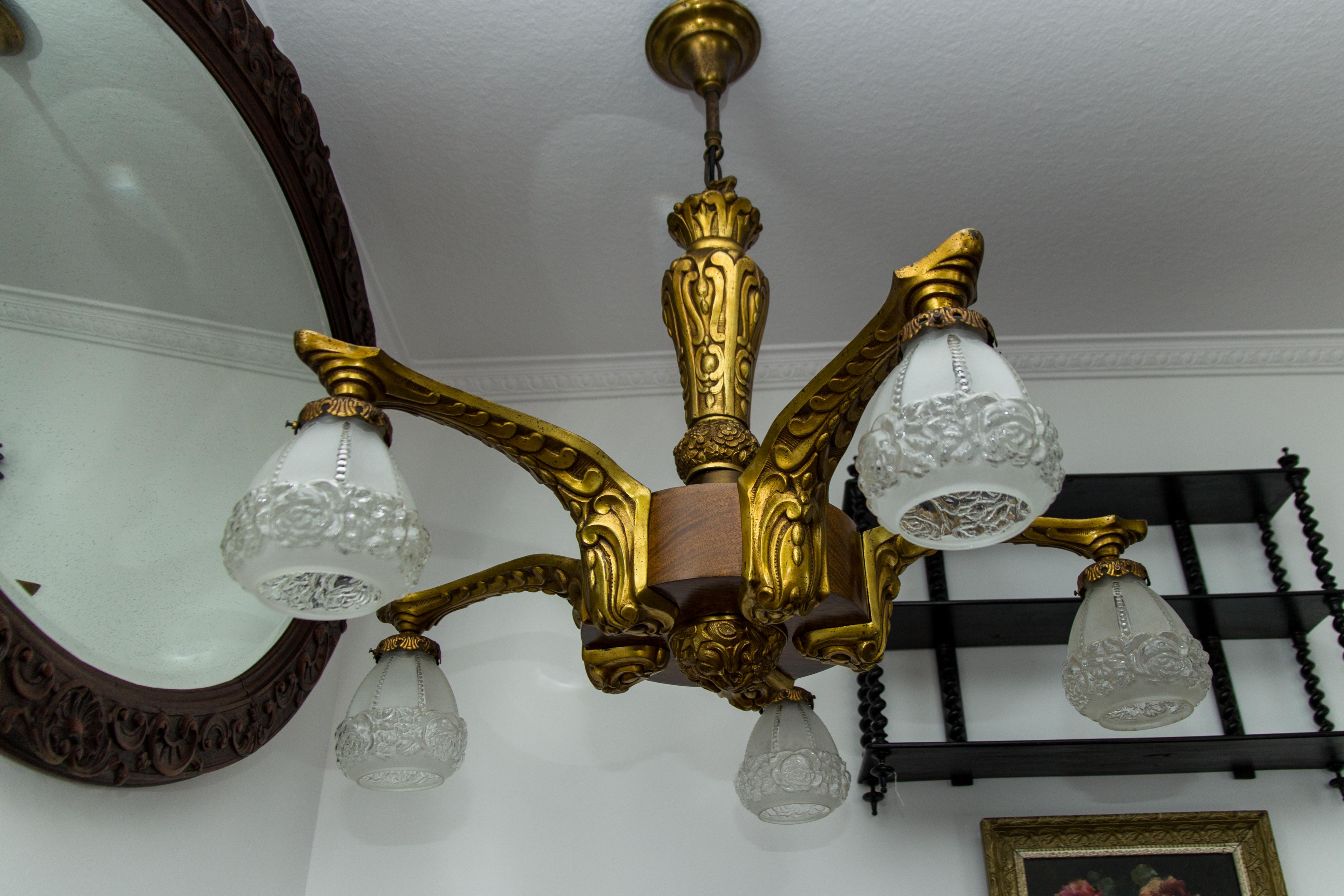 Art Deco Gilt Bronze and Wood Five-Light Chandelier 8