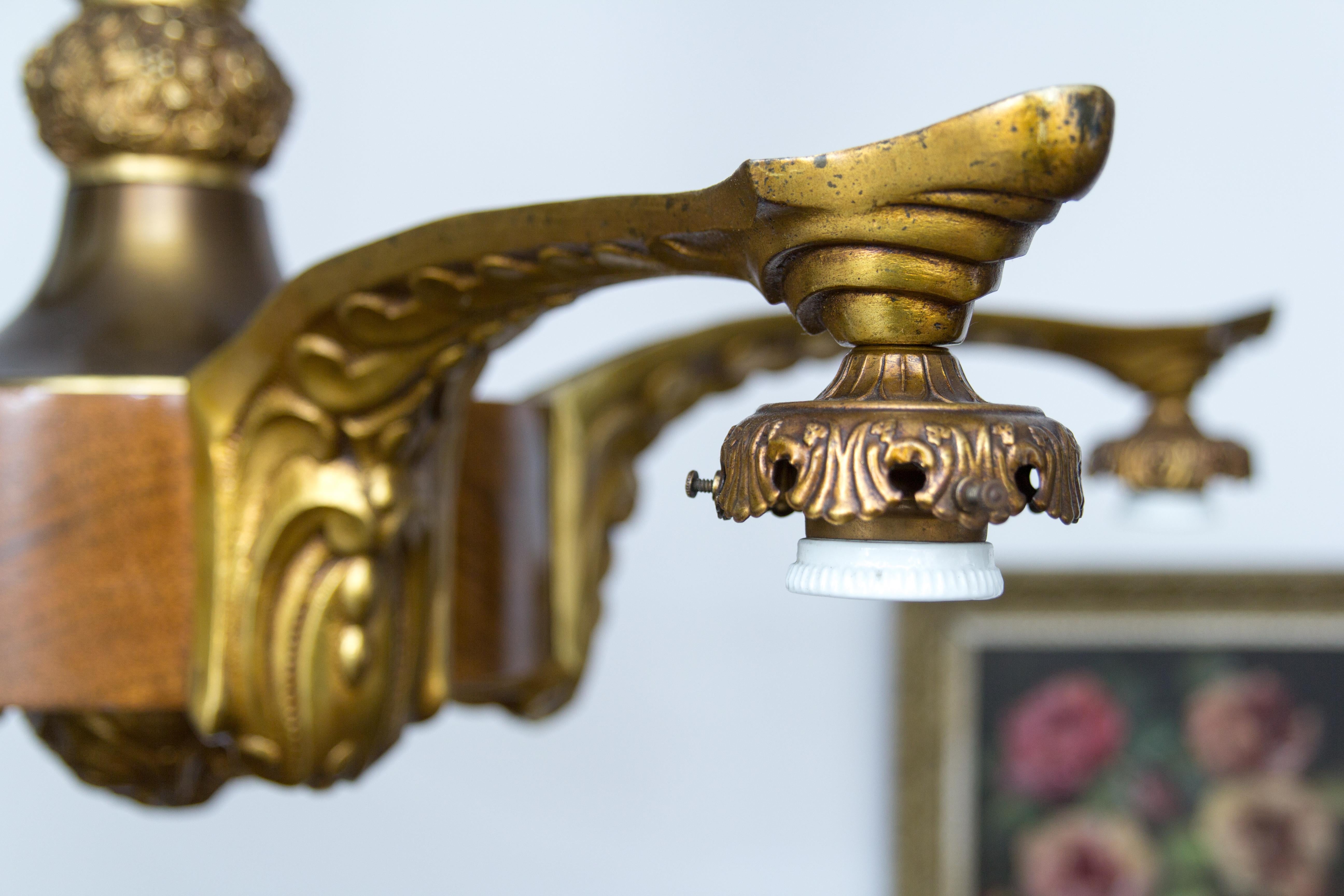 Art Deco Gilt Bronze and Wood Five-Light Chandelier 12