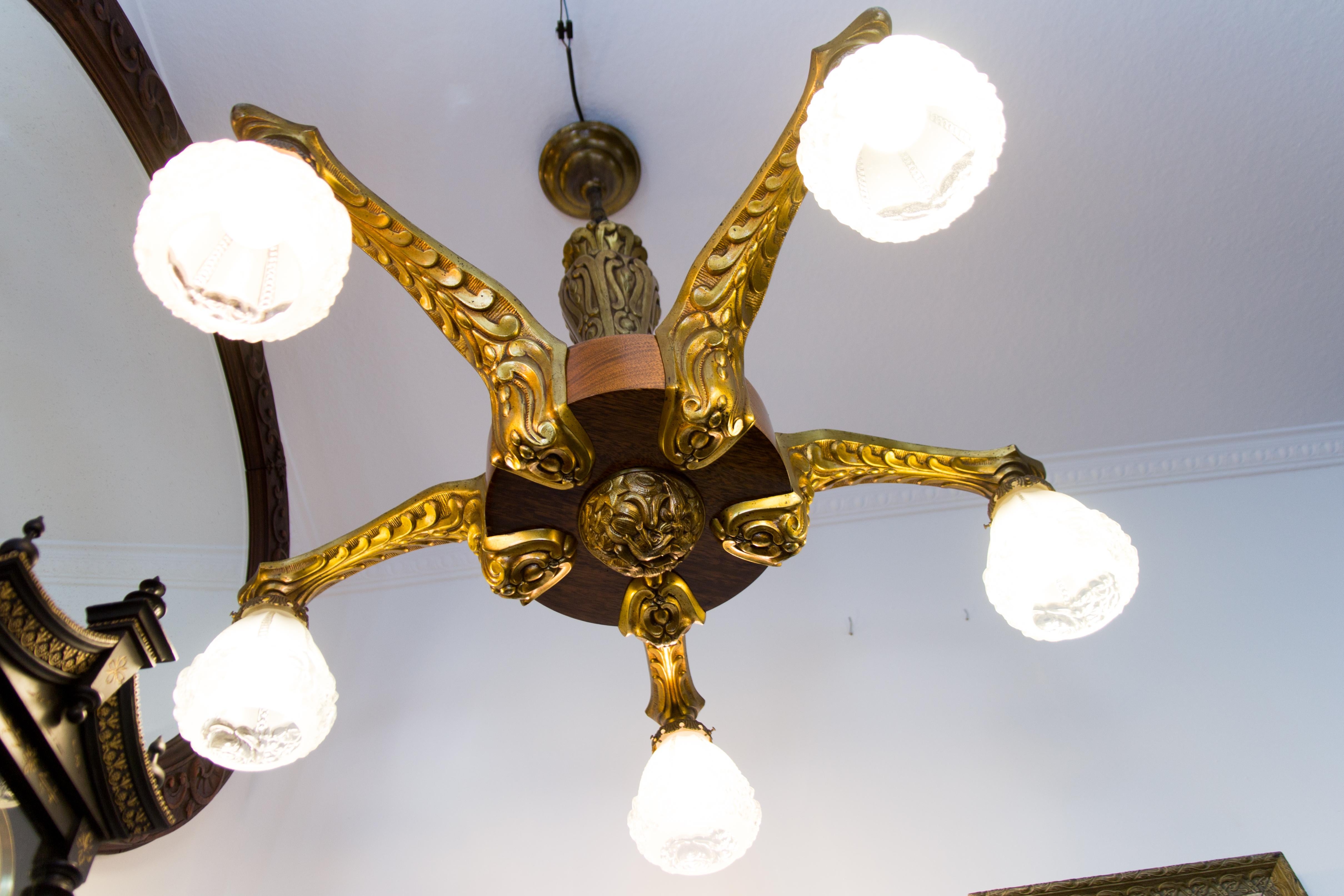 French Art Deco Gilt Bronze and Wood Five-Light Chandelier