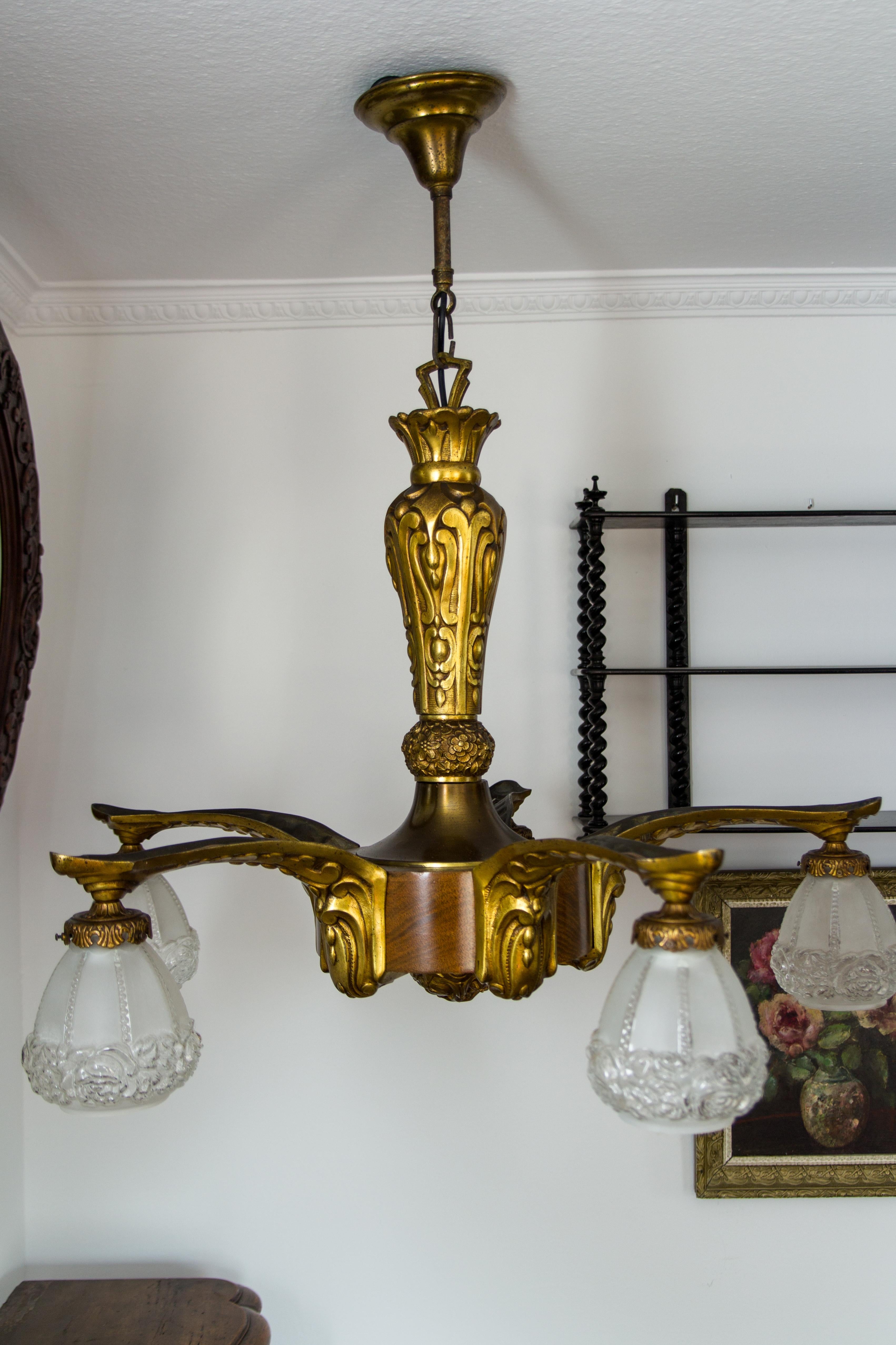 Early 20th Century Art Deco Gilt Bronze and Wood Five-Light Chandelier