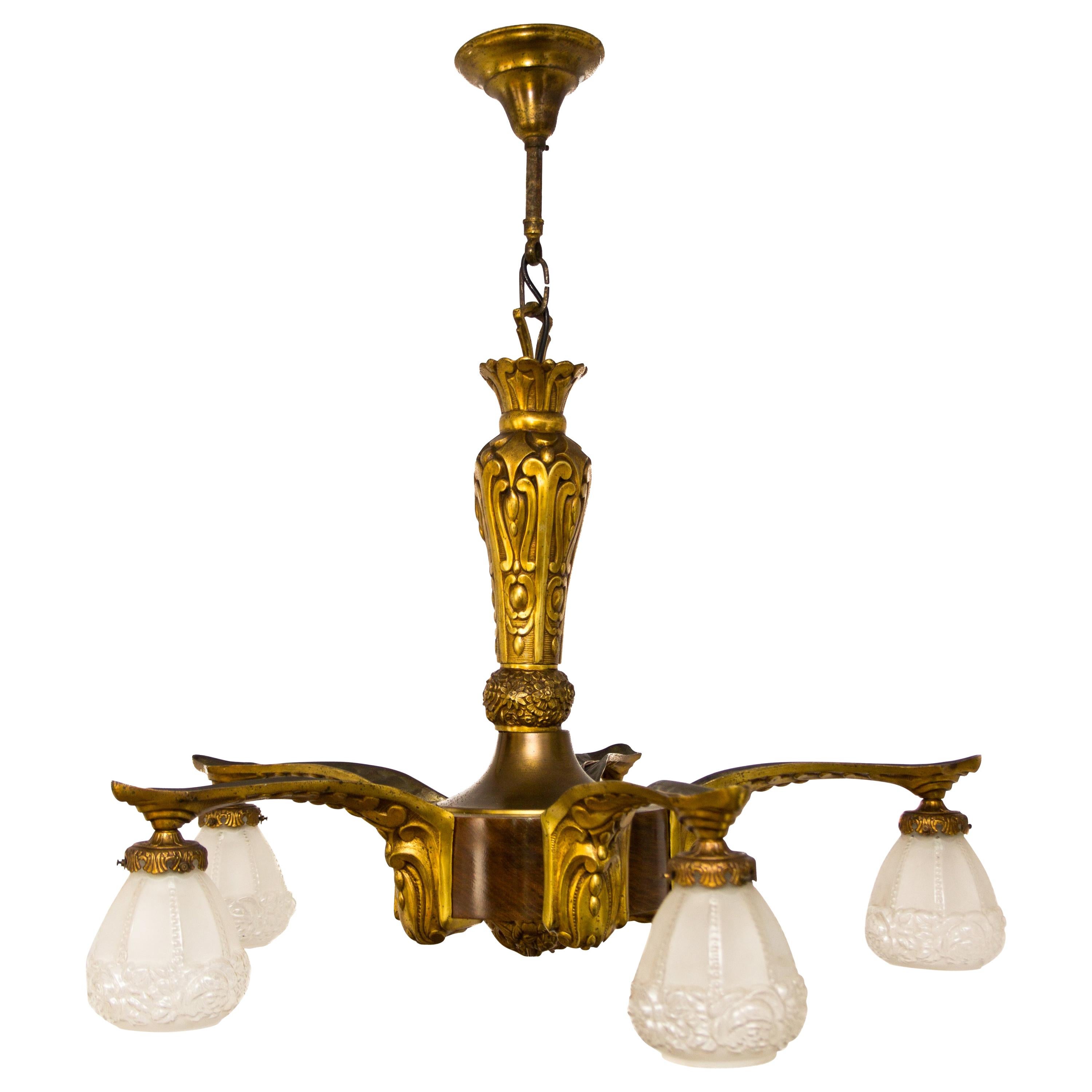 Art Deco Gilt Bronze and Wood Five-Light Chandelier