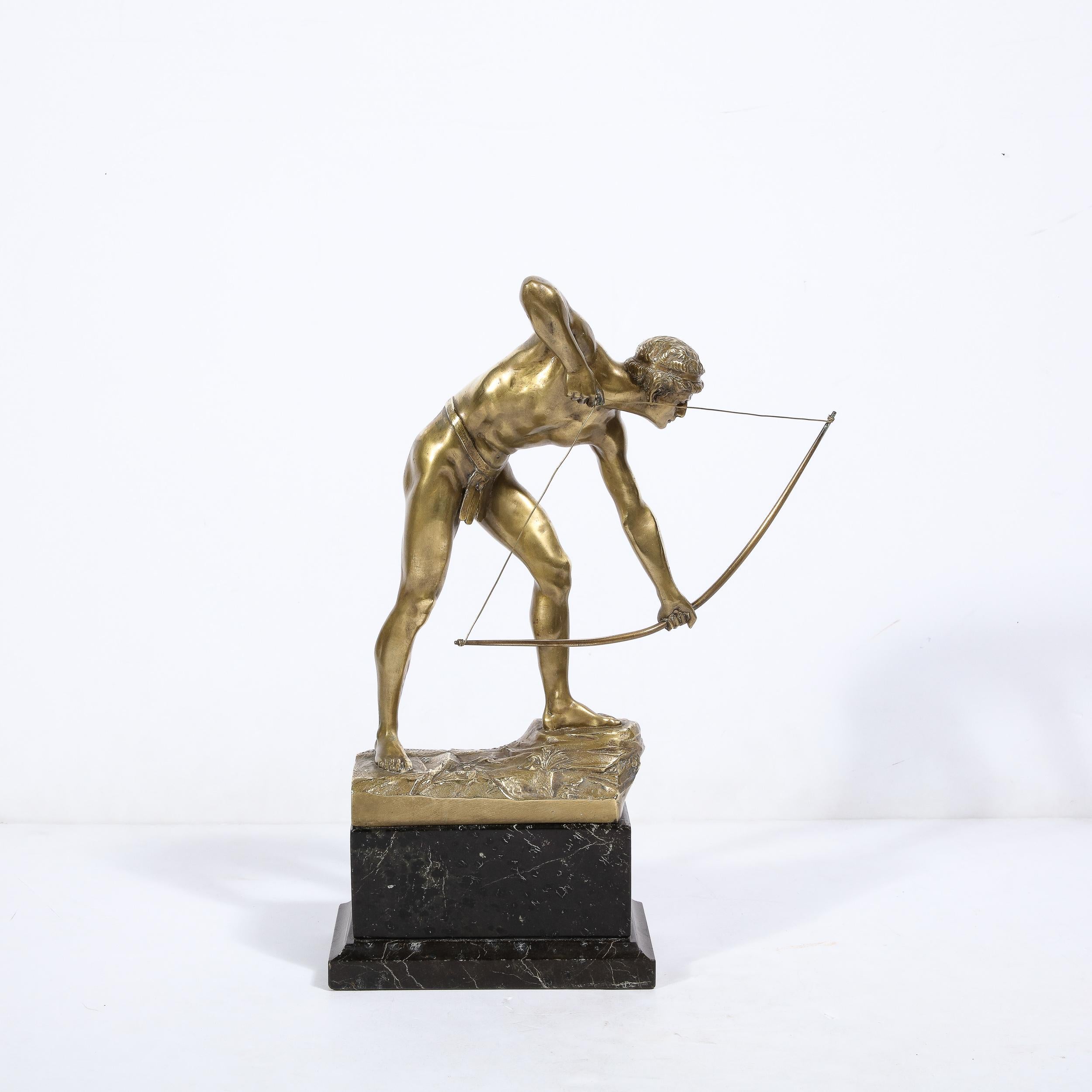 This gripping Art Deco Gilt Bronze Archer Sculpture on Black Marble Base is by the artist Otto Schmidt-Hofer and originates from Germany, Circa 1920. This incredibly beautiful sculpture captures remarkable physicality and observation of the archers