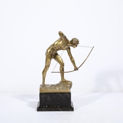 Scultura Art Deco in bronzo dorato con arciere su base in marmo nero di Otto Schmidt Hofer