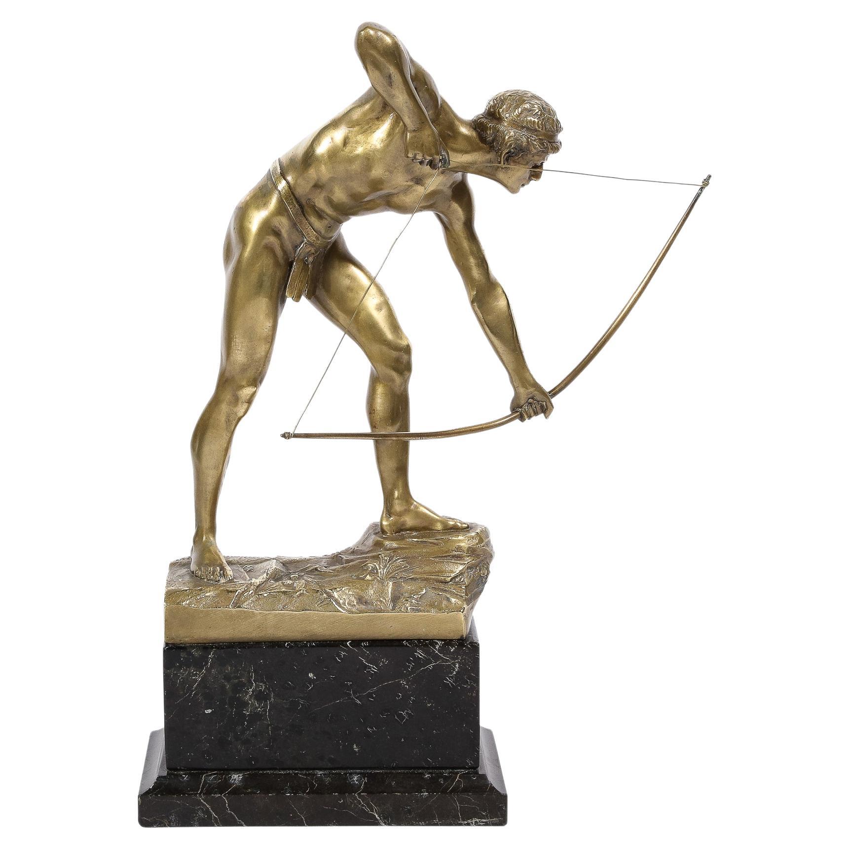 Art Deco Gilt Bronze Archer Sculpture on Black Marble Base by Otto Schmidt-Hofer For Sale
