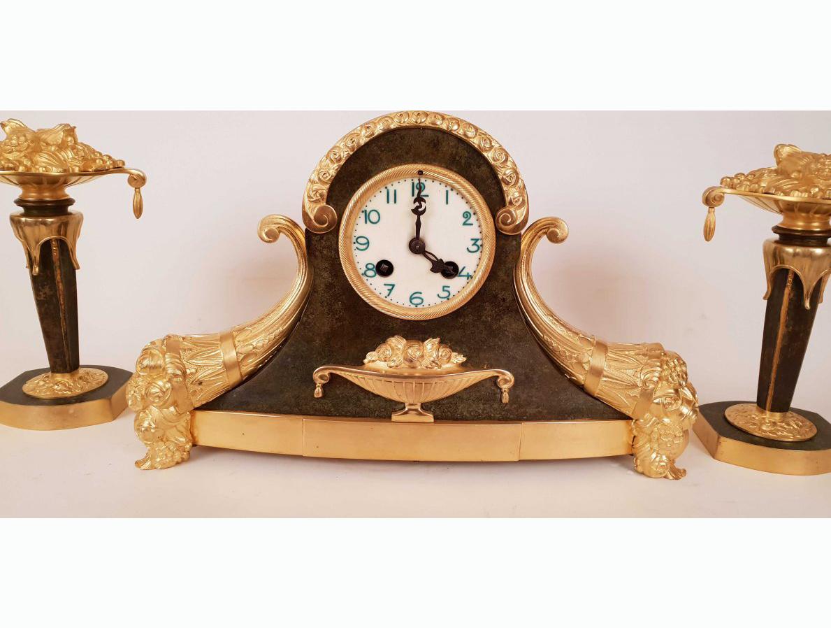 French Art Deco Gilt Bronze Clock and Consoles Set, 1920s For Sale