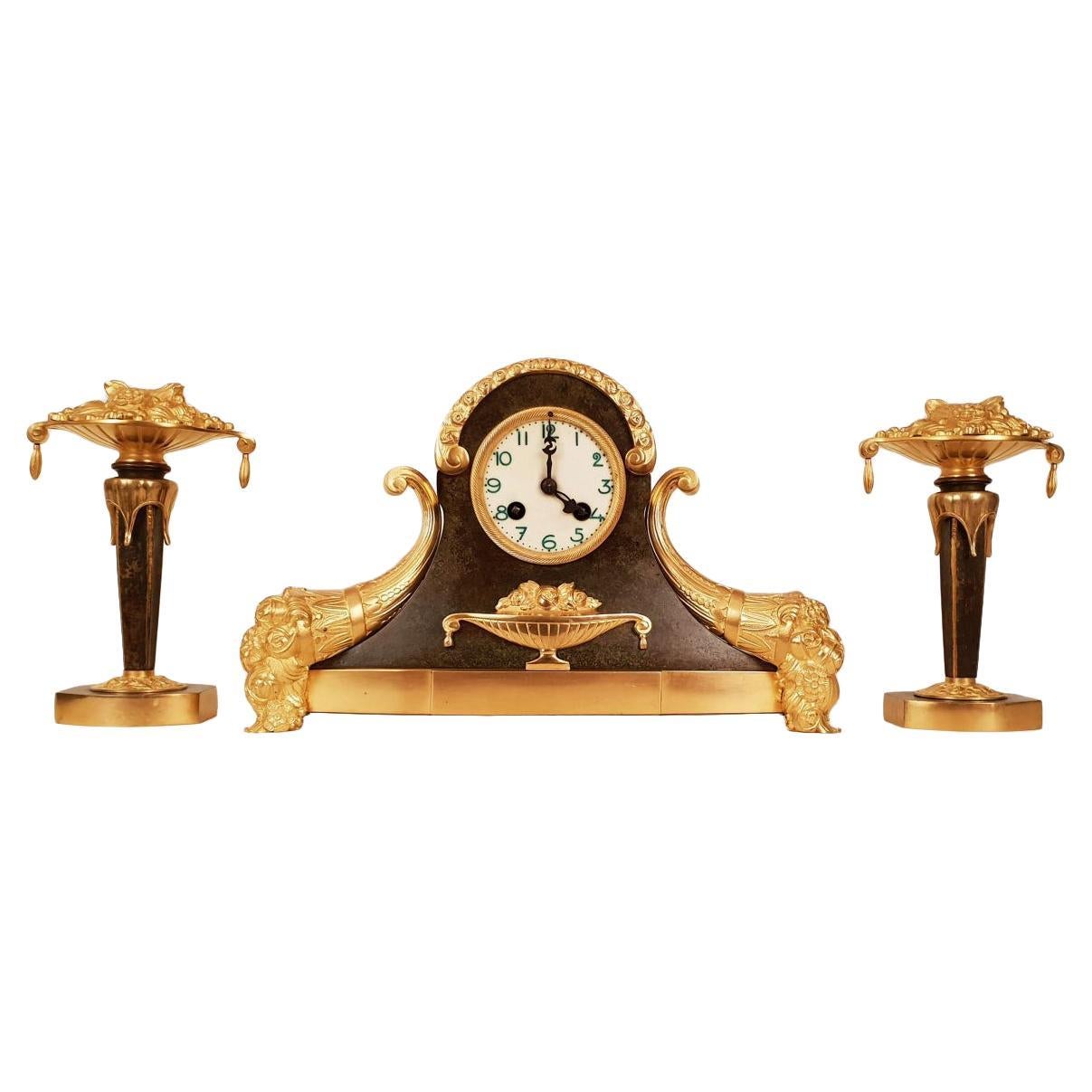 Art Deco Gilt Bronze Clock and Consoles Set, 1920s For Sale