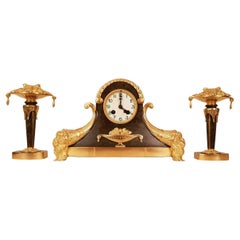 Art Deco Gilt Bronze Clock and Consoles Set, 1920s