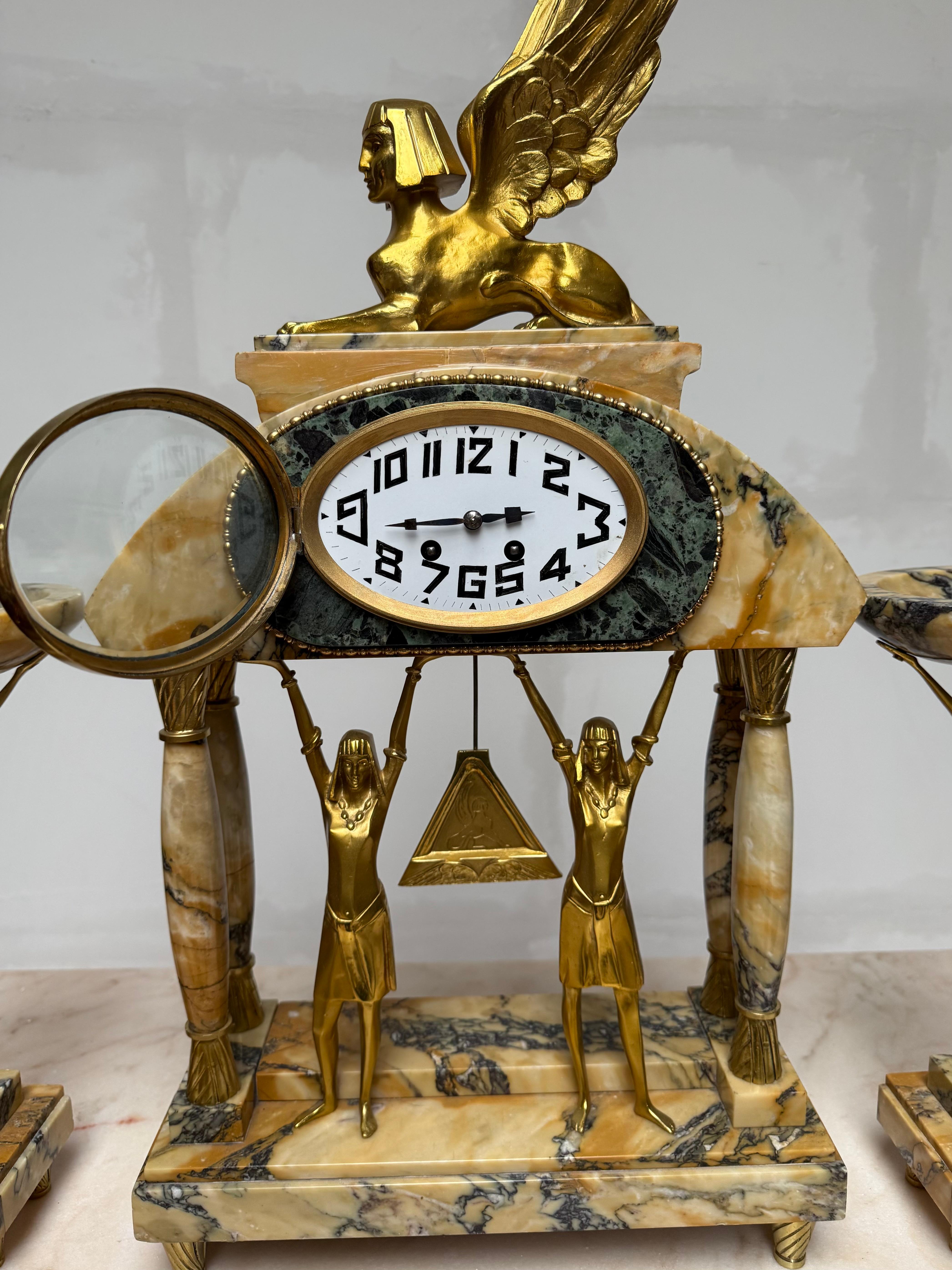 Art Deco Gilt Bronze & Marble Mantel Clock w. Sphinx & Pharaohs Egyptian Revival For Sale 3