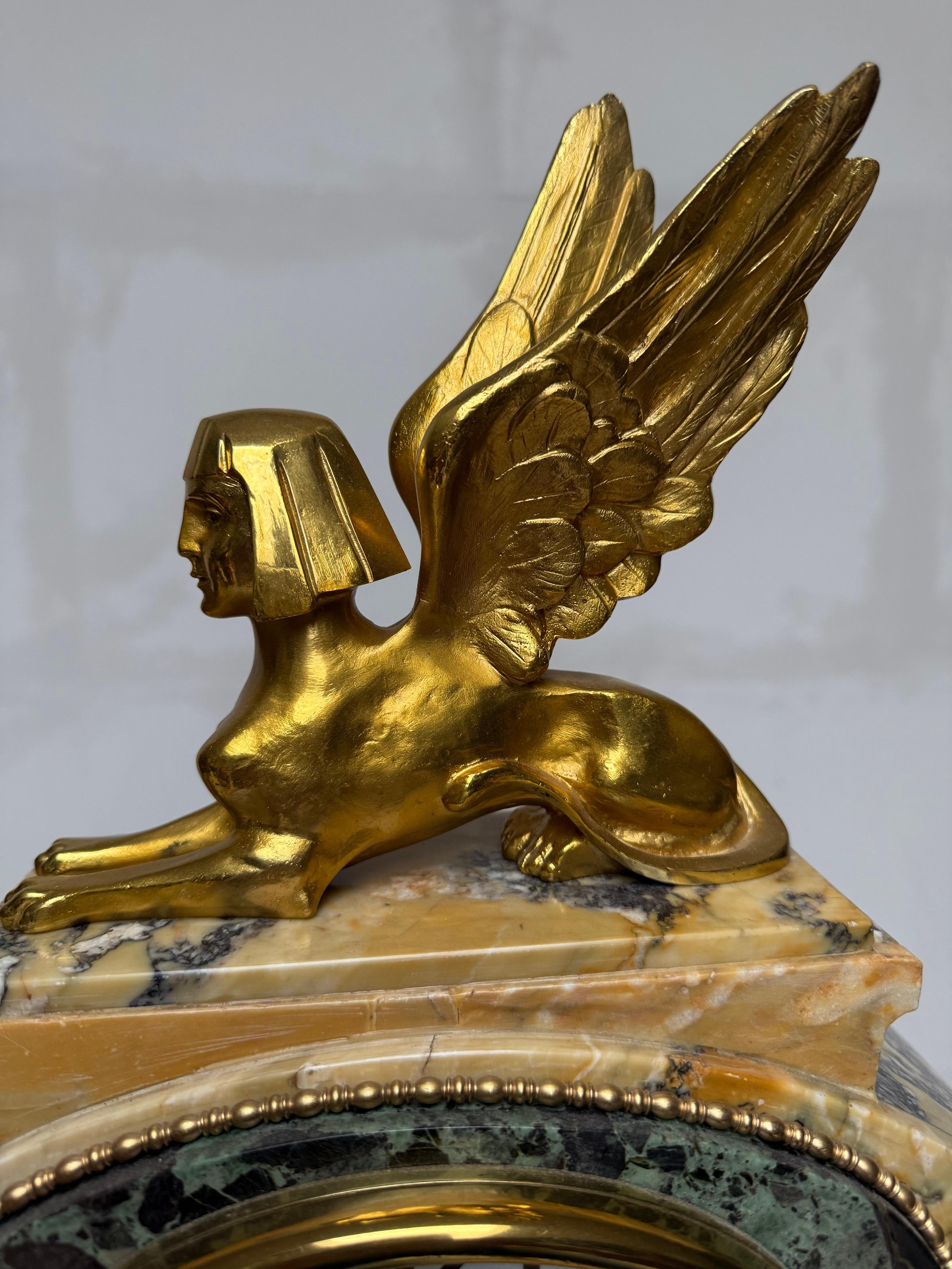 Art Deco Gilt Bronze & Marble Mantel Clock w. Sphinx & Pharaohs Egyptian Revival For Sale 5