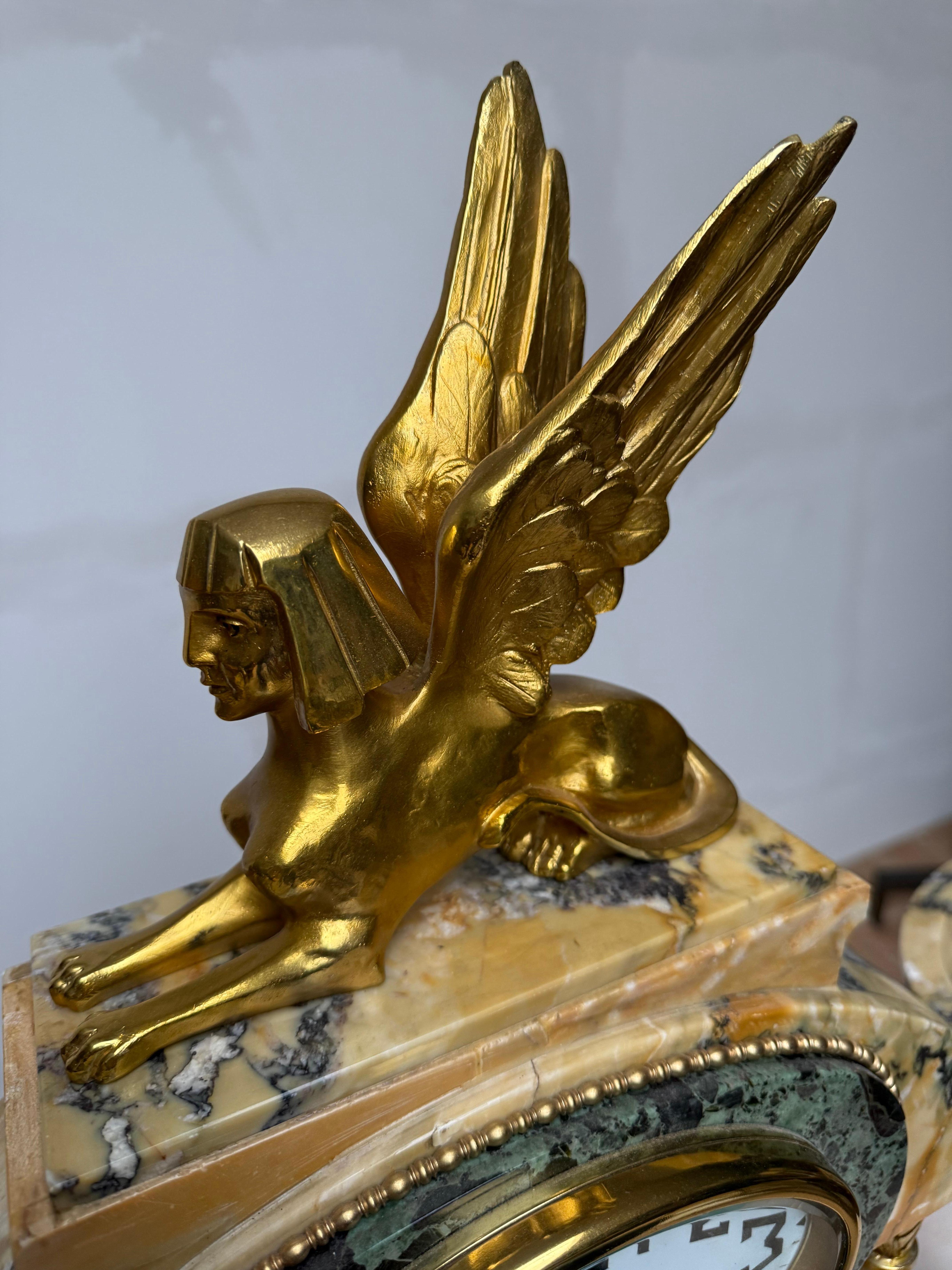 Art Deco Gilt Bronze & Marble Mantel Clock w. Sphinx & Pharaohs Egyptian Revival For Sale 6
