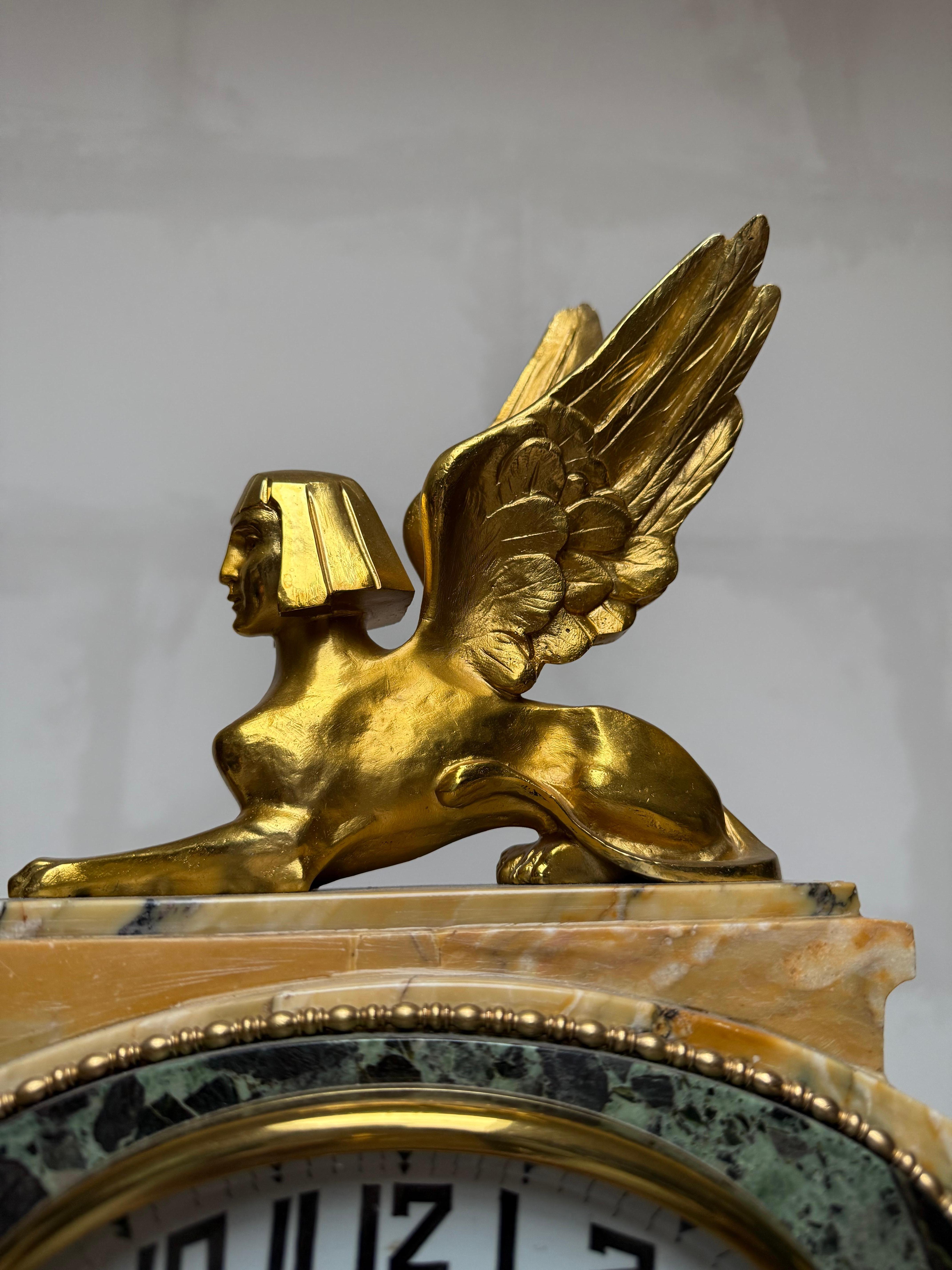 Art Deco Gilt Bronze & Marble Mantel Clock w. Sphinx & Pharaohs Egyptian Revival For Sale 7