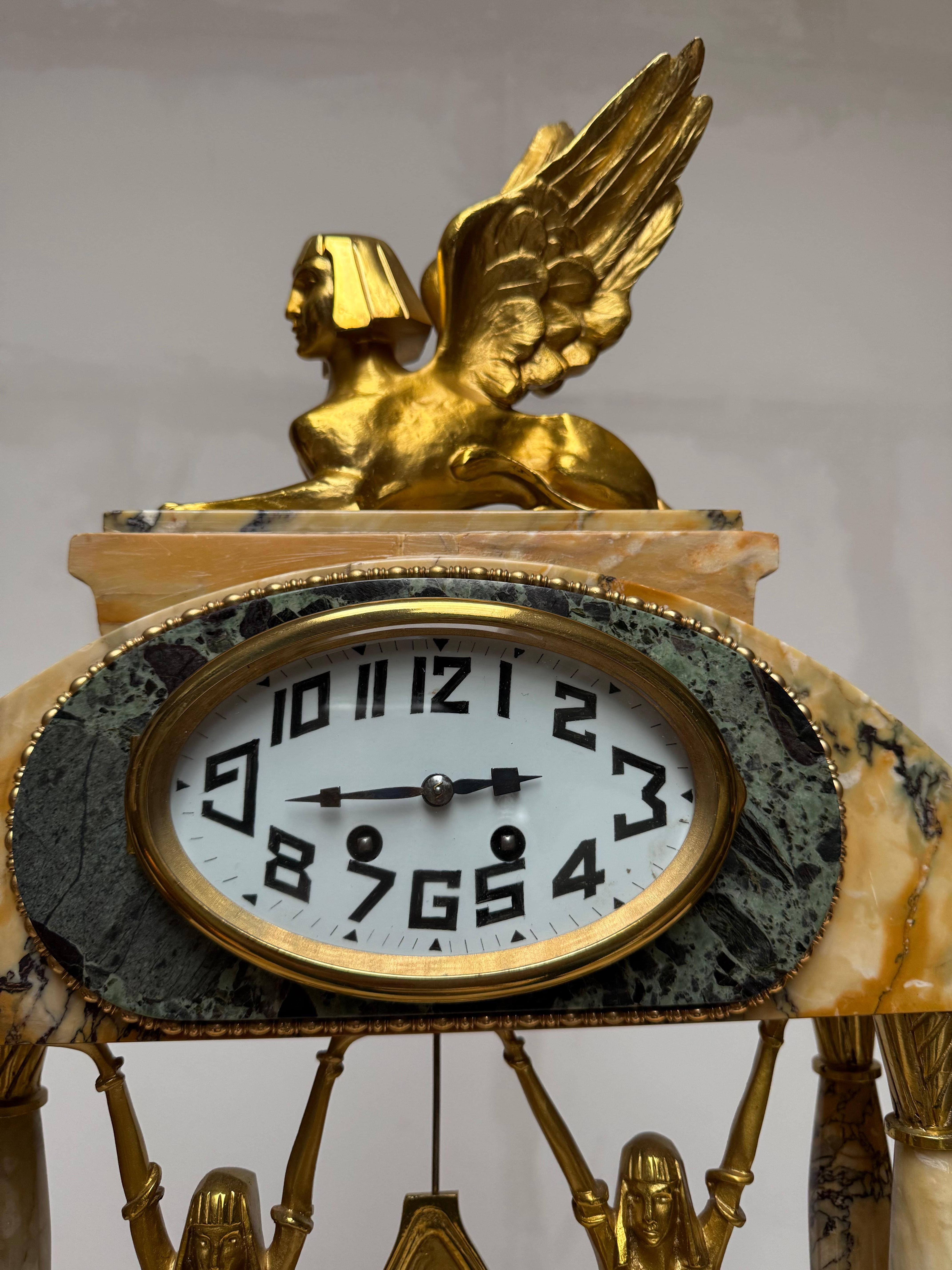 Art Deco Gilt Bronze & Marble Mantel Clock w. Sphinx & Pharaohs Egyptian Revival For Sale 8