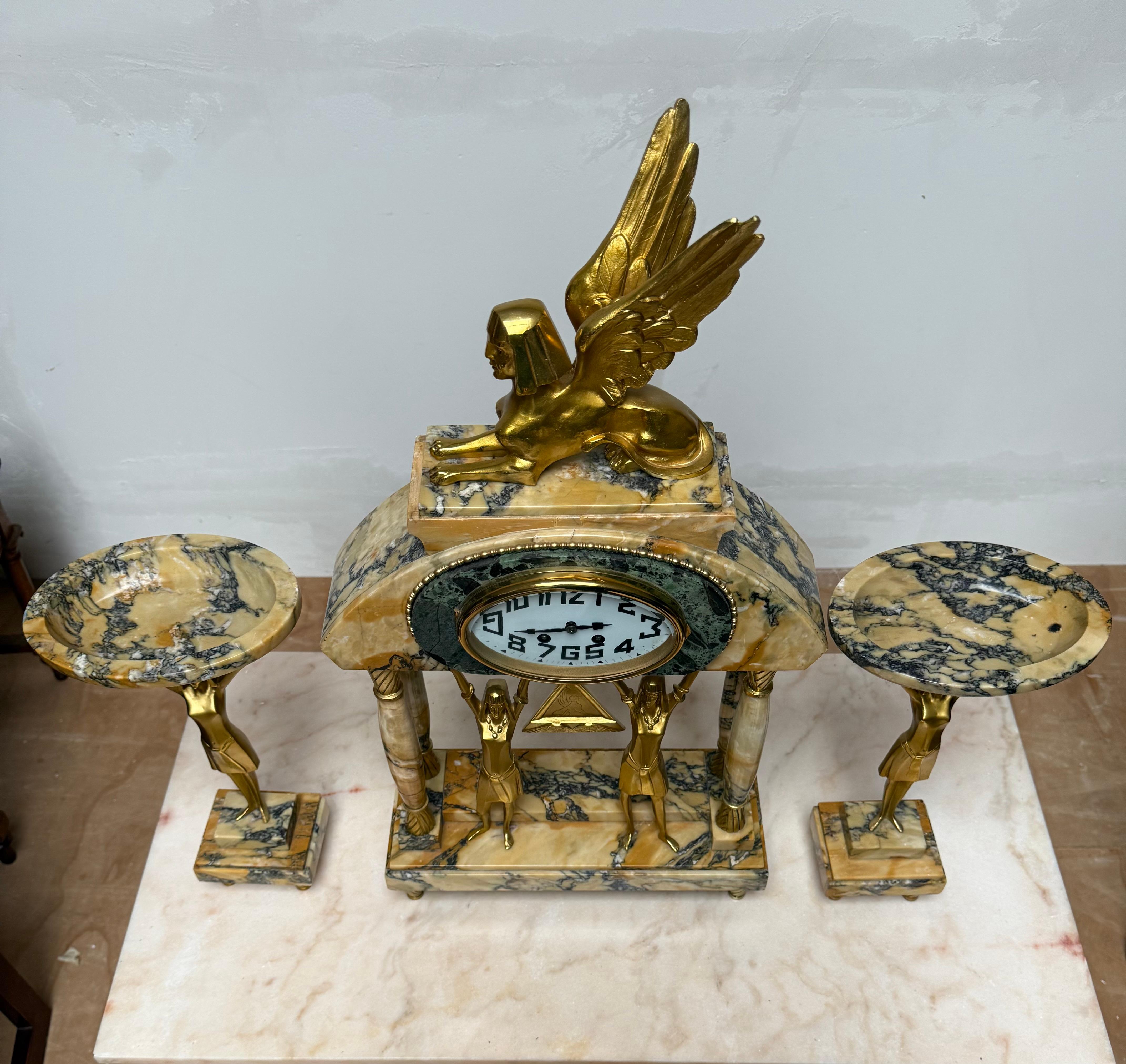 Art Deco Gilt Bronze & Marble Mantel Clock w. Sphinx & Pharaohs Egyptian Revival For Sale 9