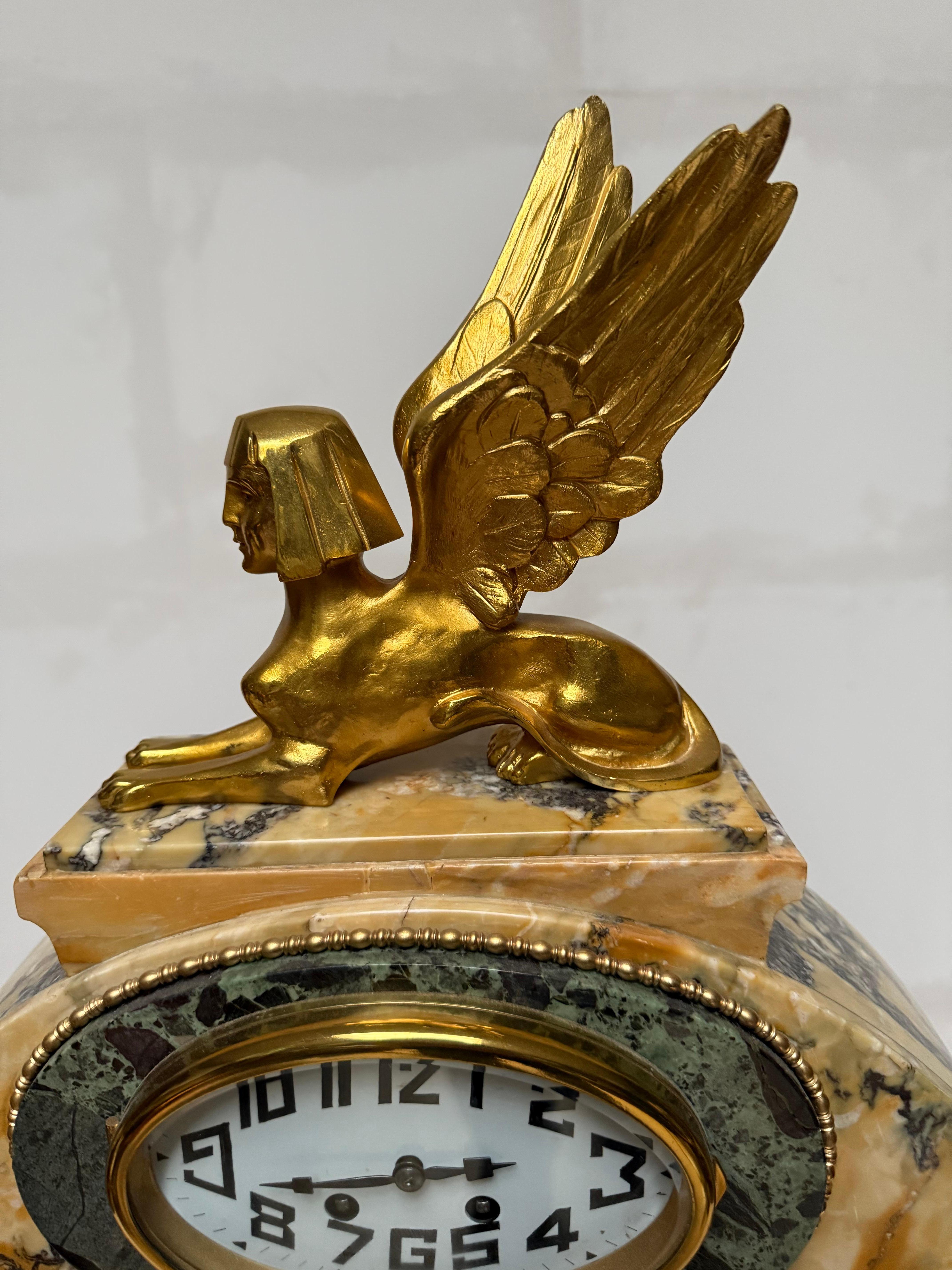French Art Deco Gilt Bronze & Marble Mantel Clock w. Sphinx & Pharaohs Egyptian Revival For Sale